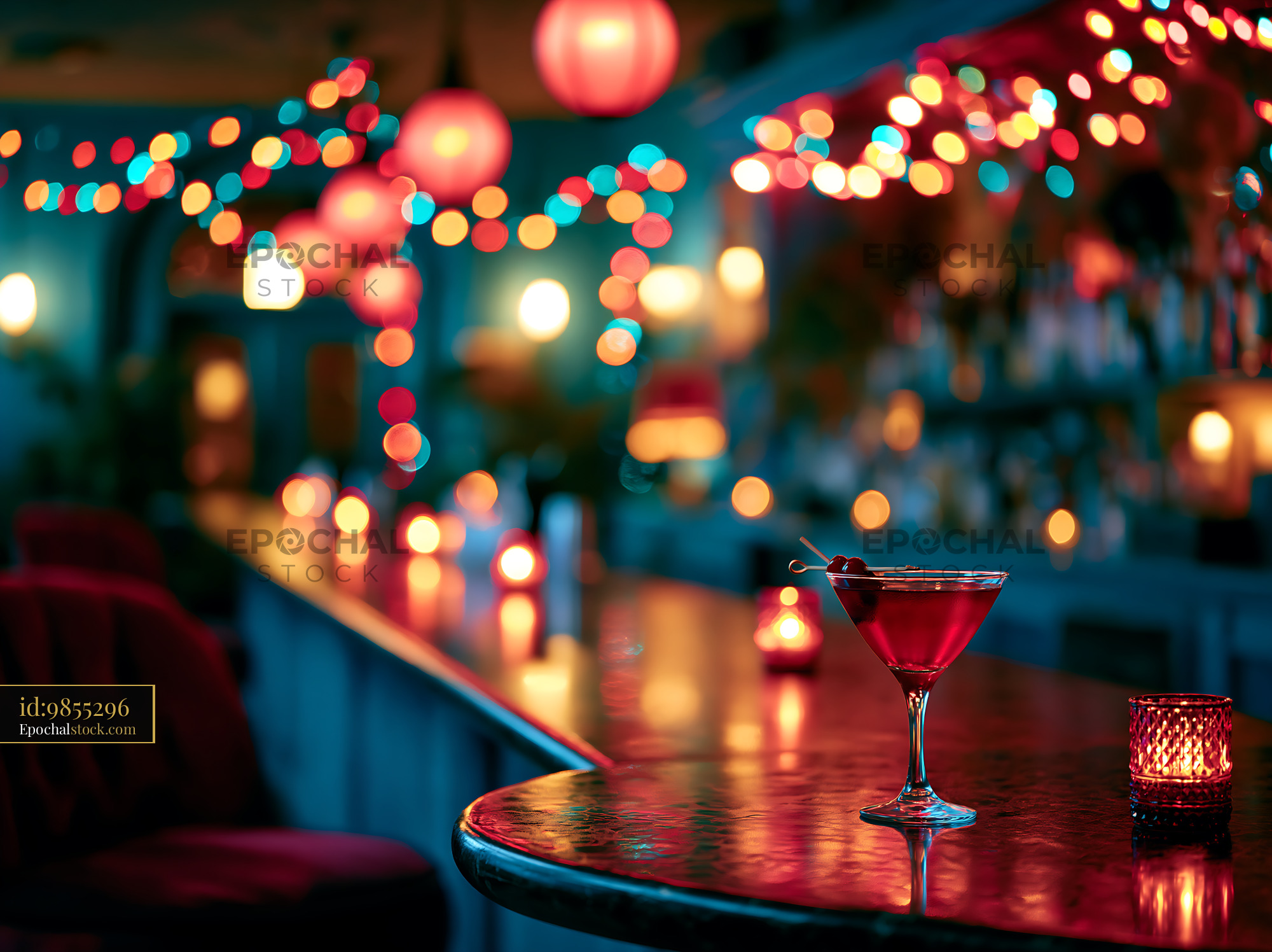 Watermarked full-resolution preview of Cocktail on bar with colorful lights in a lively setting