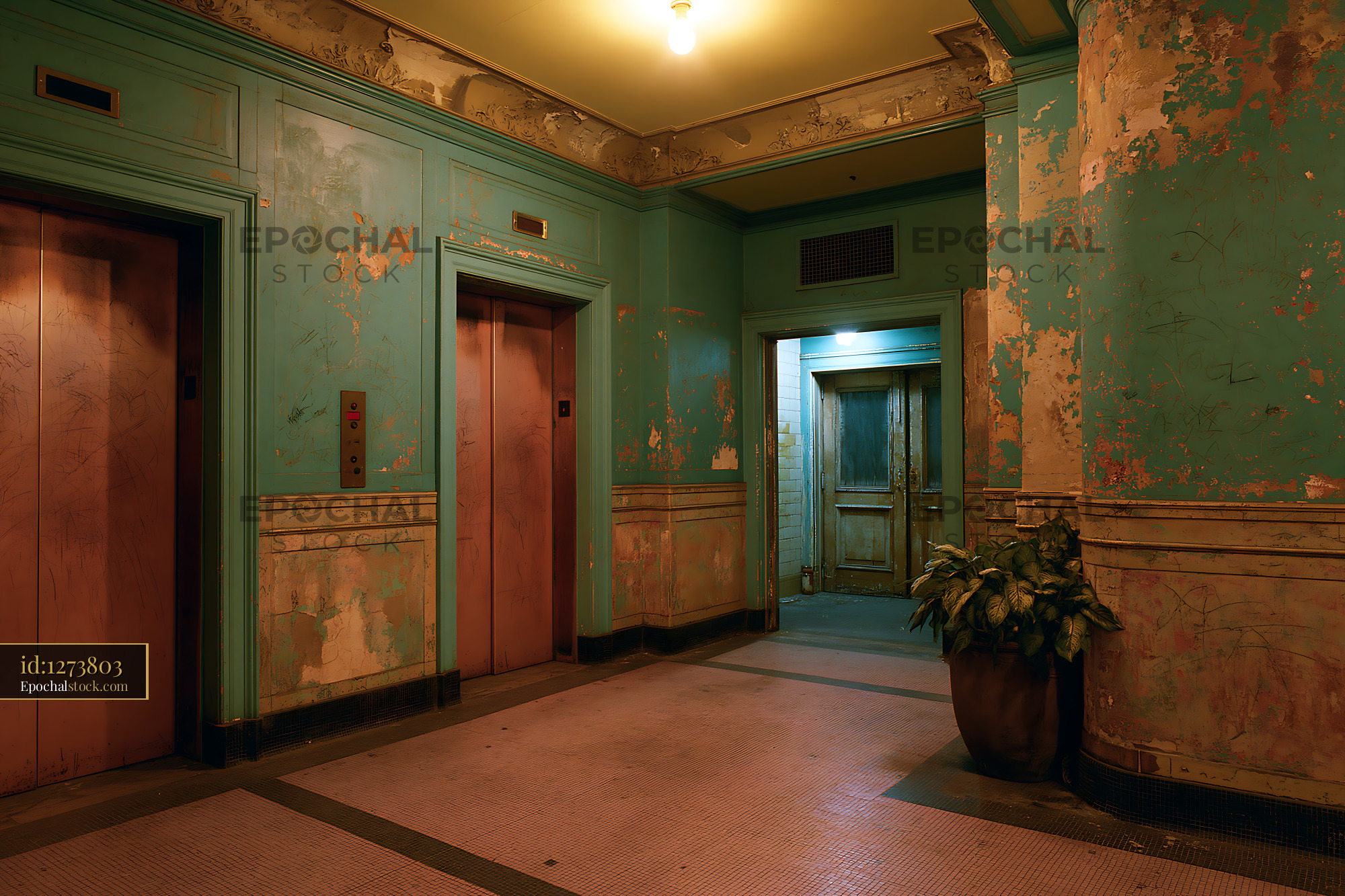 Watermarked full-resolution preview of Old urban hallway with vintage elevators and peeling paint