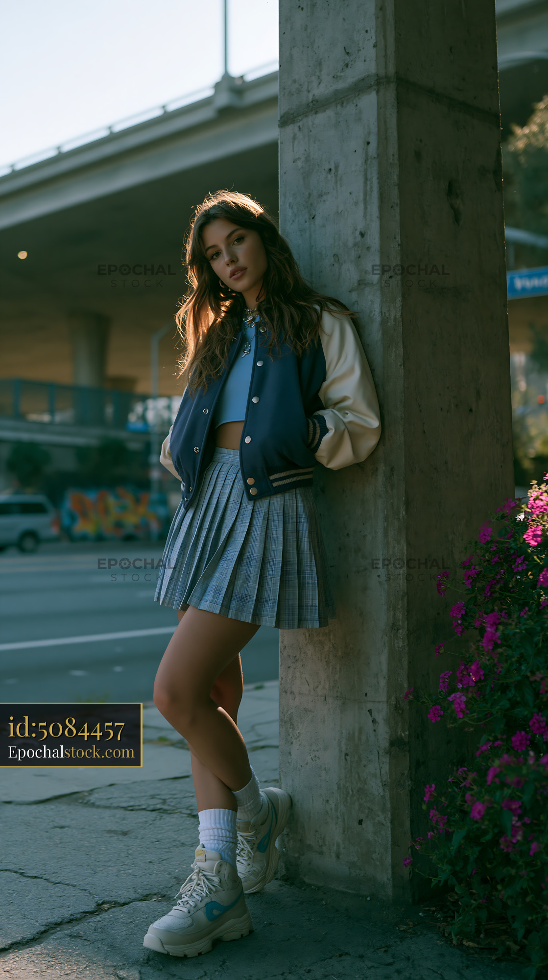 Watermarked full-resolution preview of Young woman standing by a pillar near a busy street