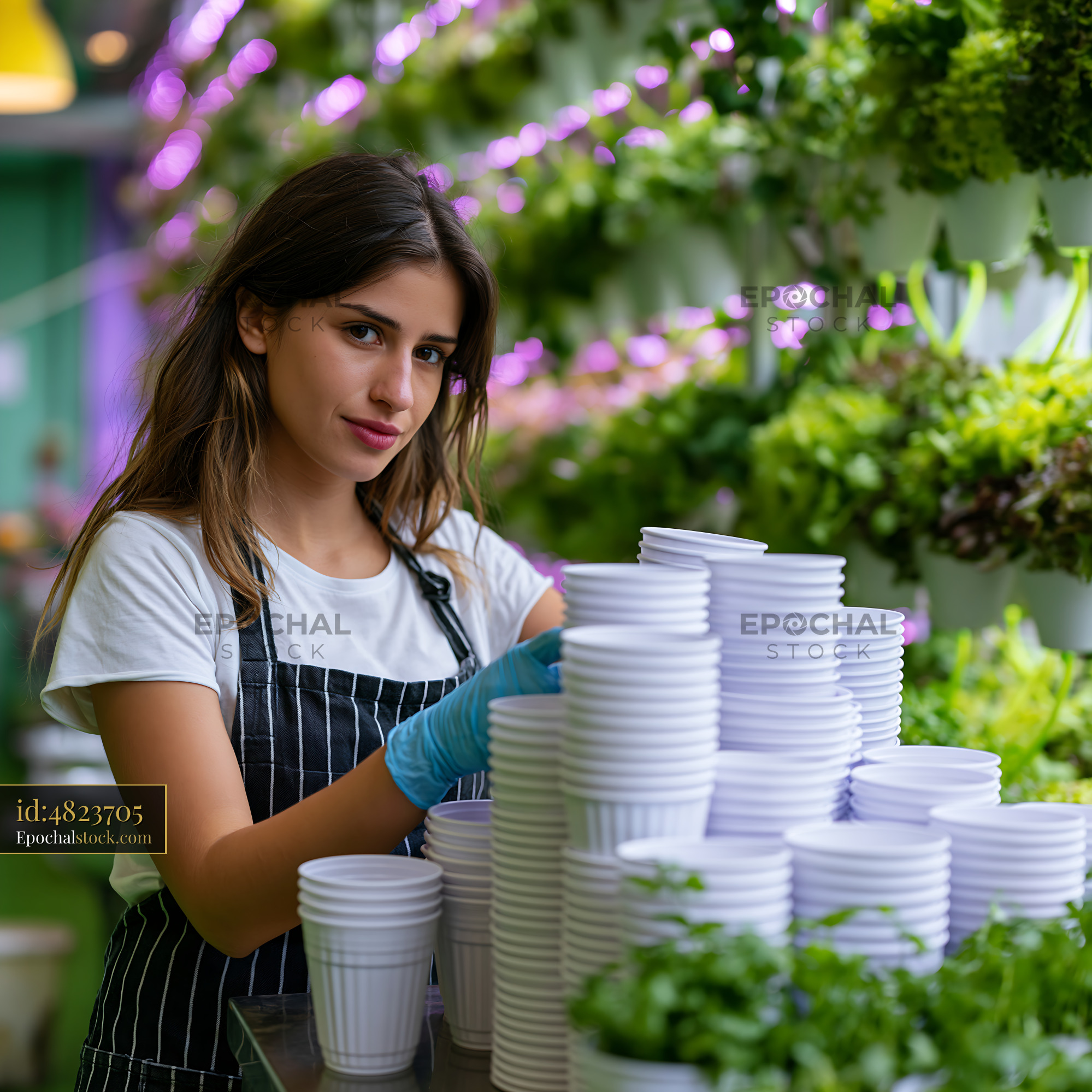Watermarked full-resolution preview of Young woman organizing cups in a greenhouse setting