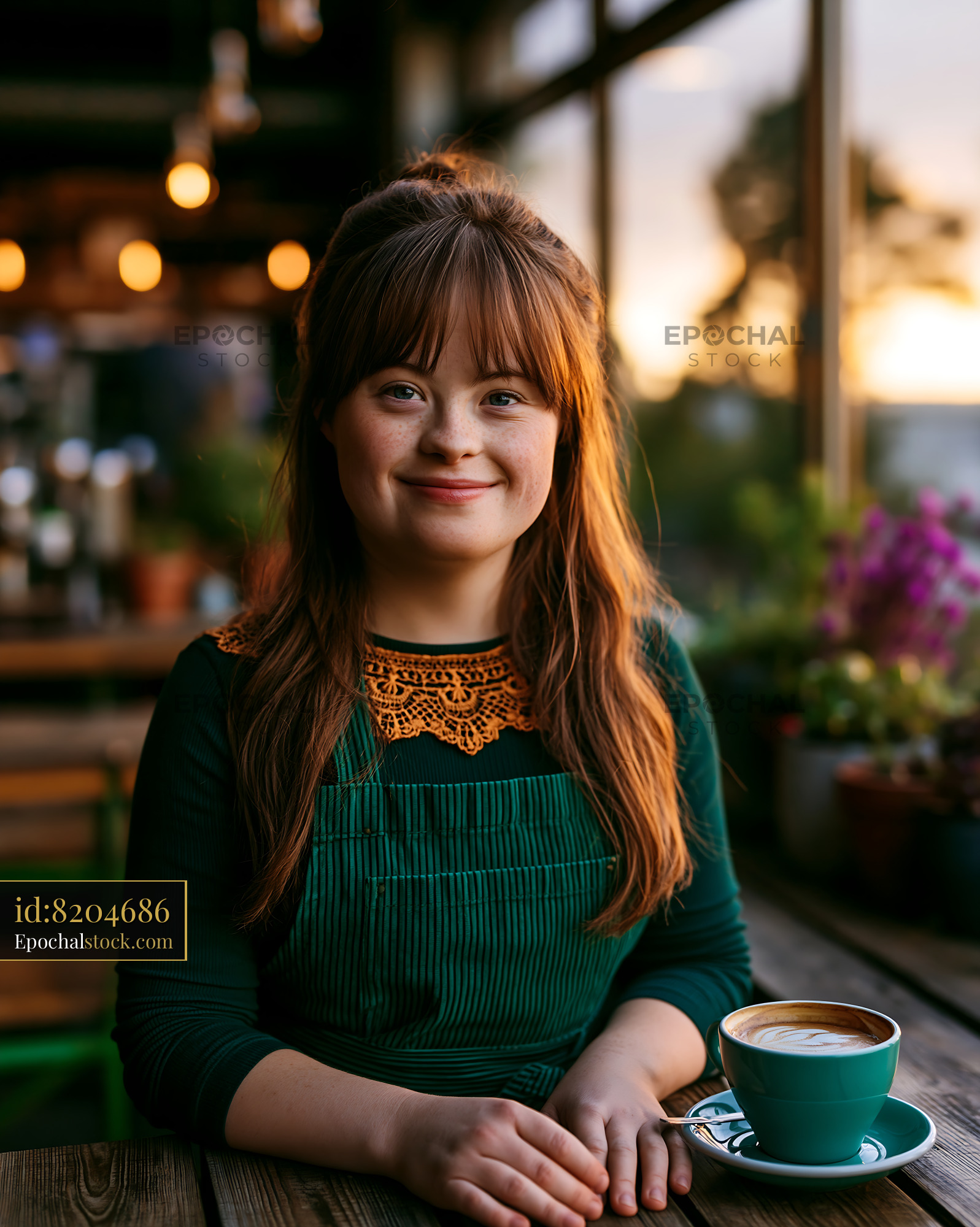 Watermarked full-resolution preview of Smiling woman sitting at cafe with coffee during sunset
