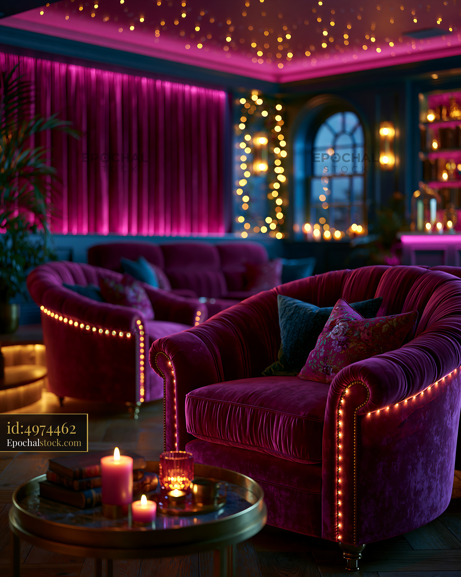 Watermarked full-resolution preview of Colorful velvet lounge interior with candlelit coffee table