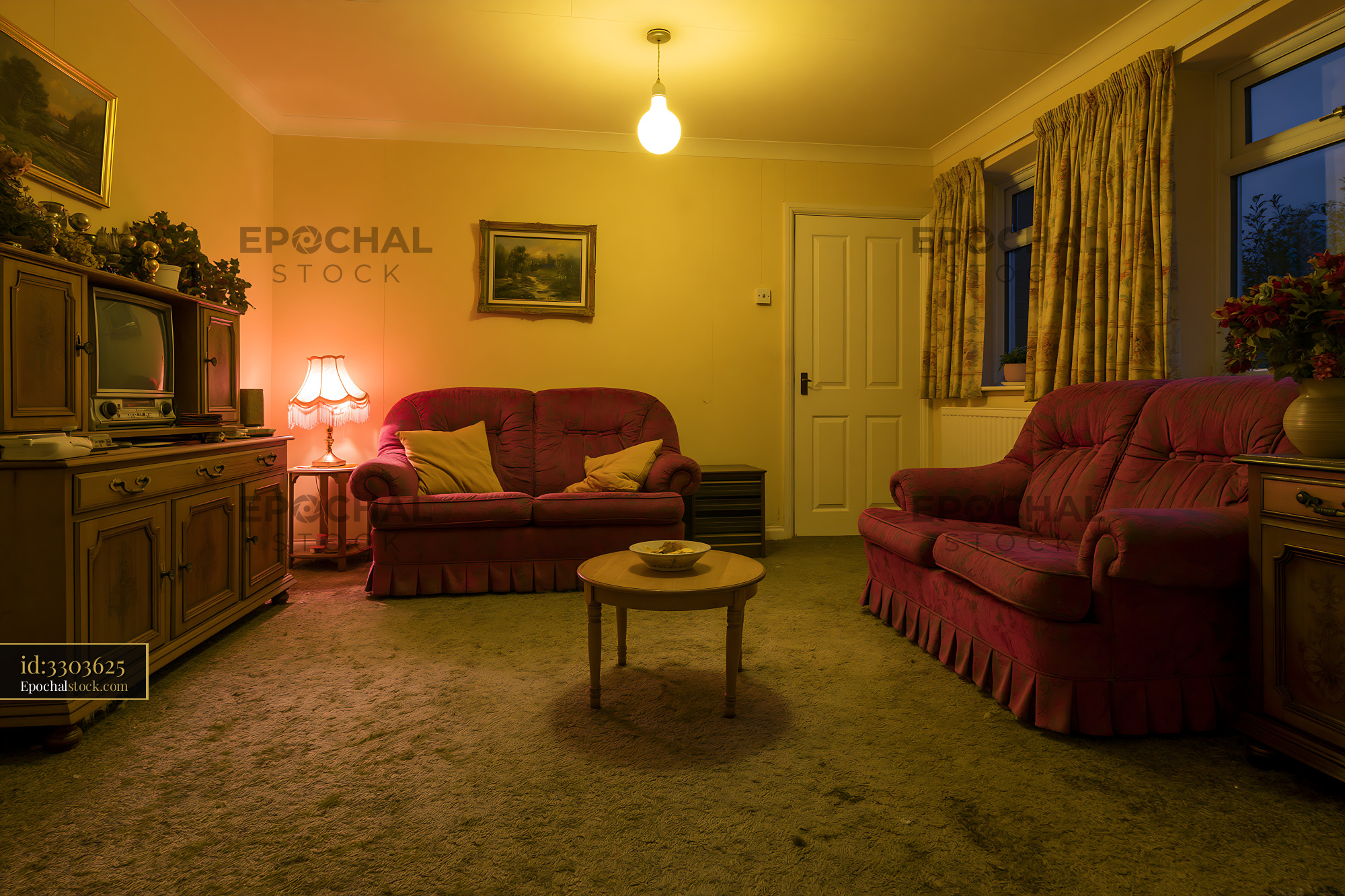 Watermarked full-resolution preview of Cozy living room with vintage furniture in soft lighting