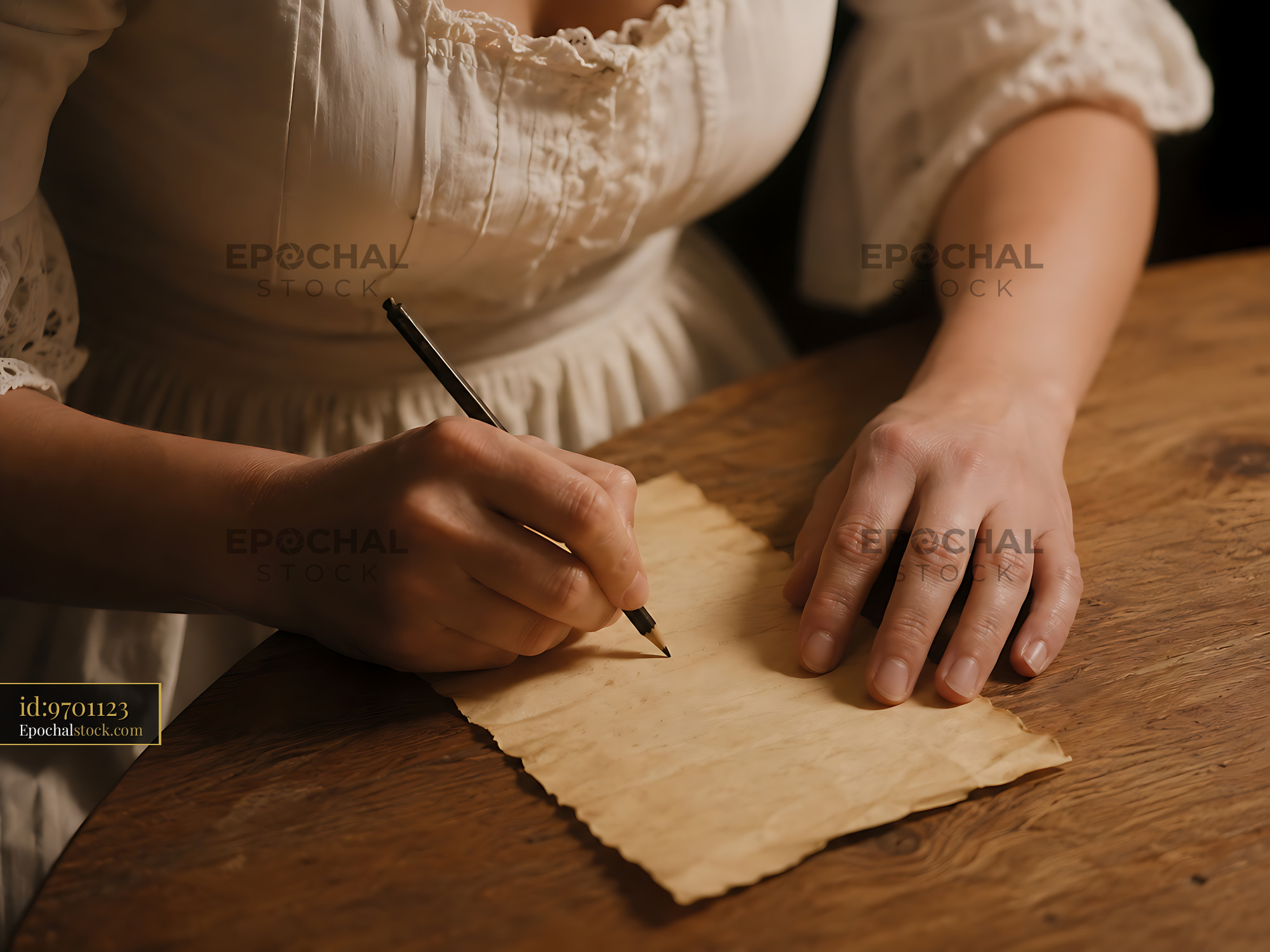 Watermarked full-resolution preview of Woman writing on old paper with a pen
