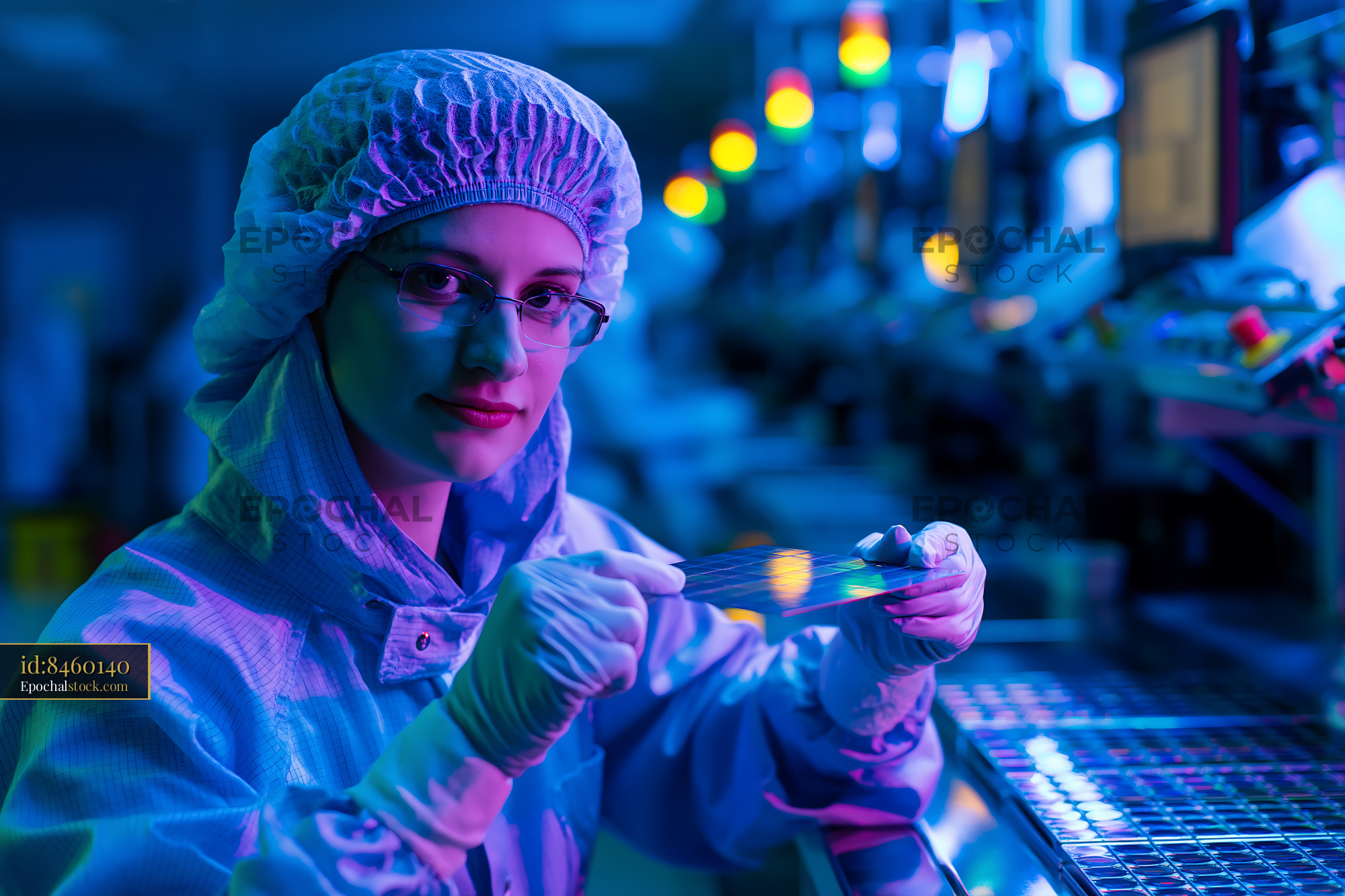 Watermarked full-resolution preview of Scientist working in a laboratory with semiconductor wafers