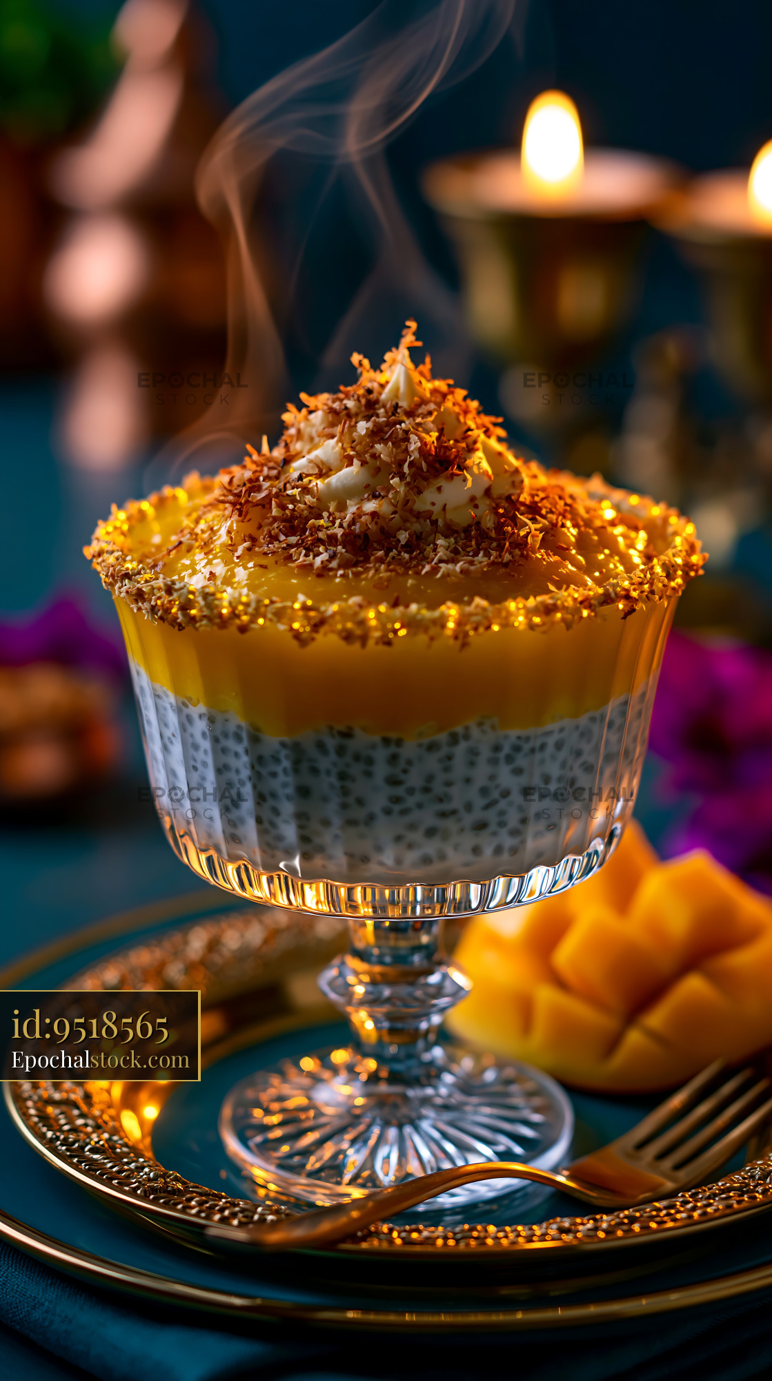 Watermarked full-resolution preview of Mango dessert served in a glass bowl with chia seeds and coconut