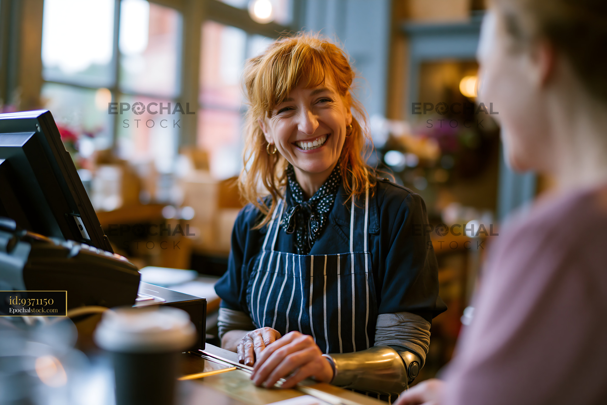 Watermarked full-resolution preview of Barista serving coffee in a busy cafe