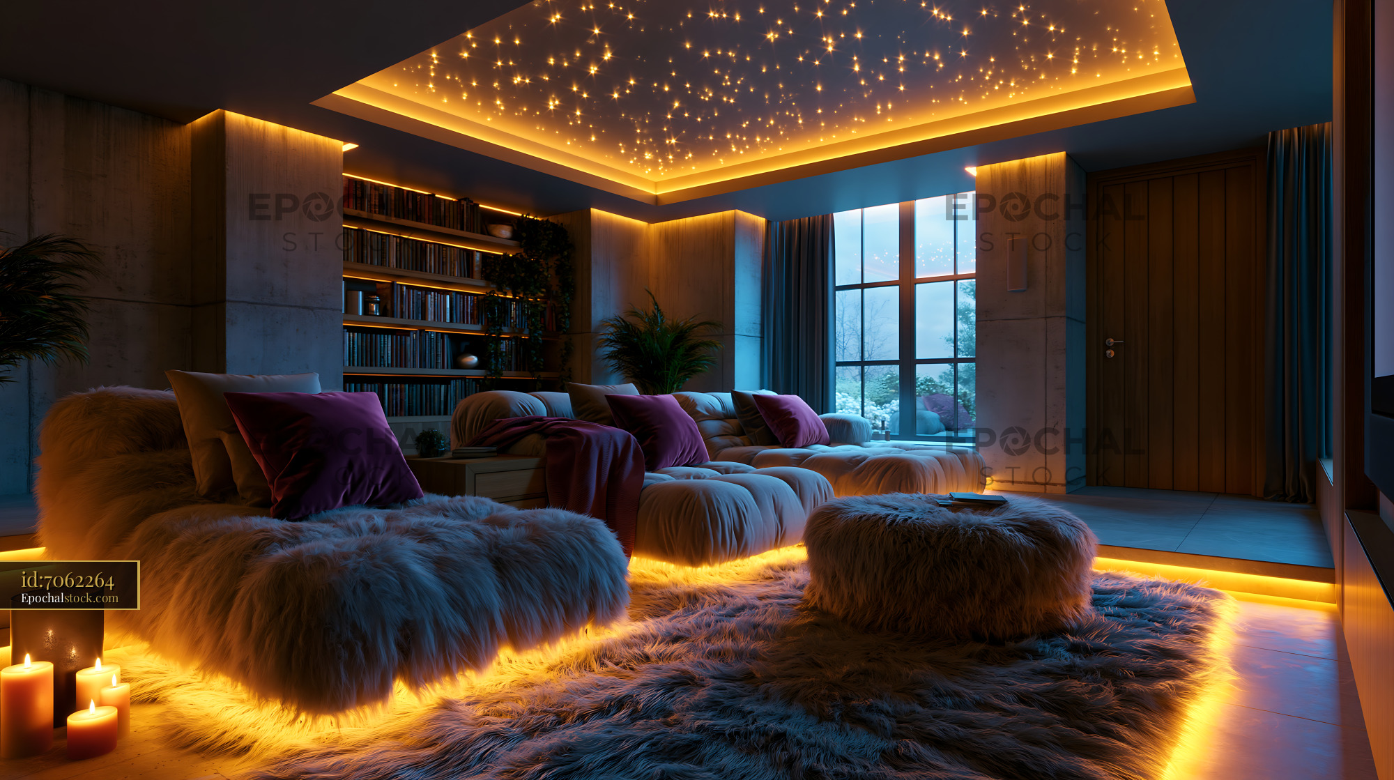 Watermarked full-resolution preview of Cozy living room with warm lighting and soft furnishings
