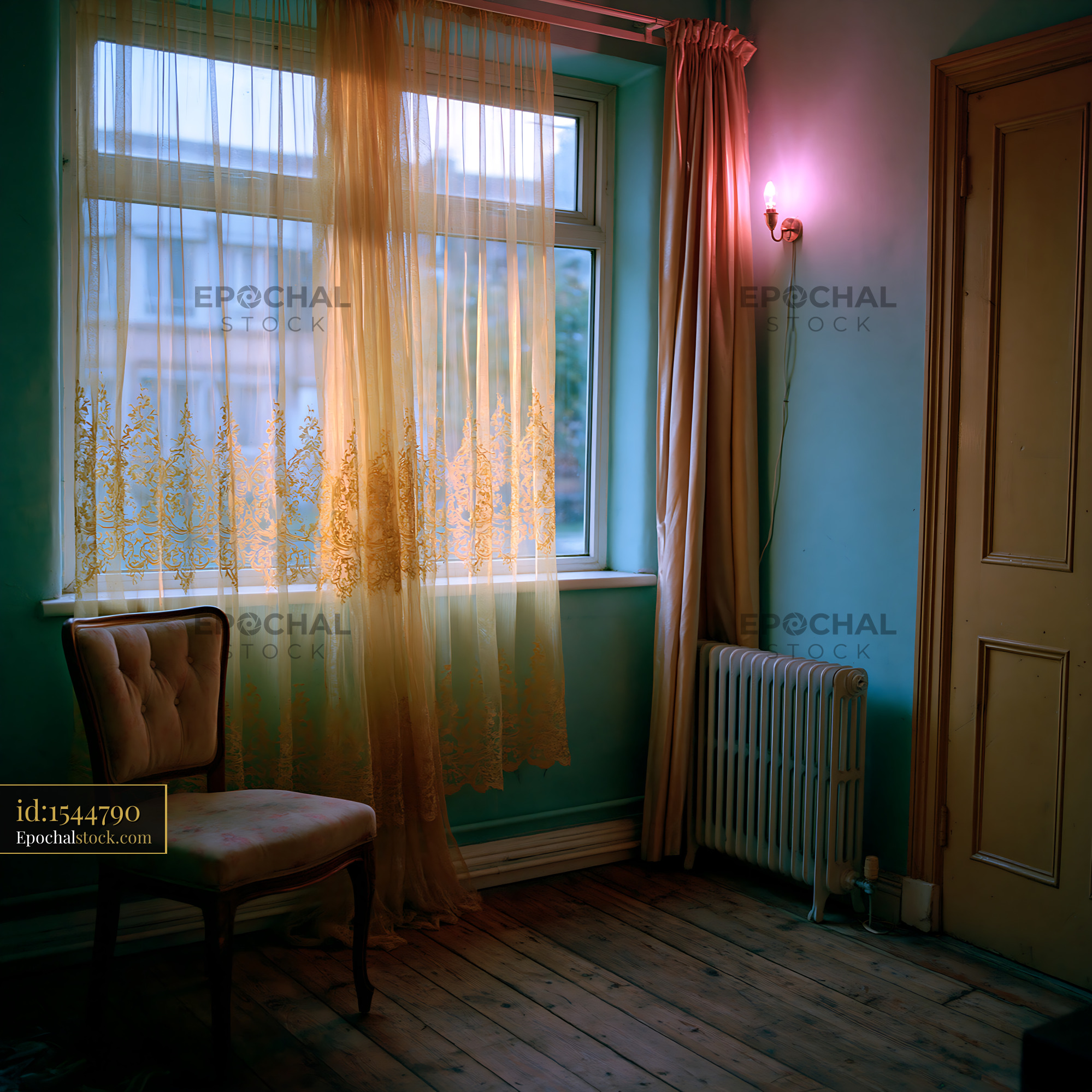 Watermarked full-resolution preview of Cozy room with a chair and window covered by light curtains