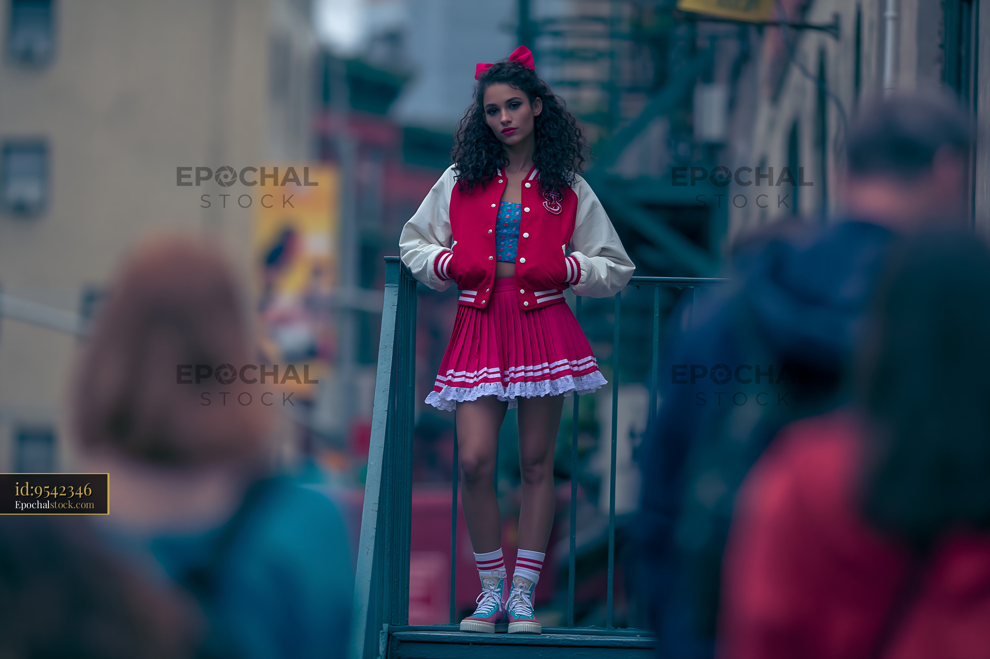 Watermarked full-resolution preview of Girl in red outfit stands on steps in busy urban setting
