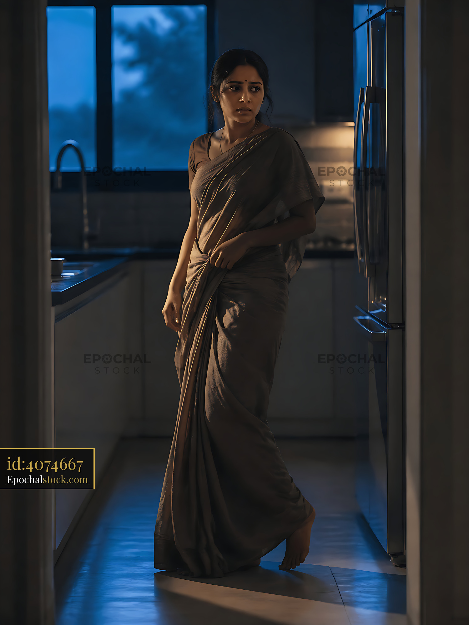 Watermarked full-resolution preview of Woman in a sari walking through a dimly lit kitchen