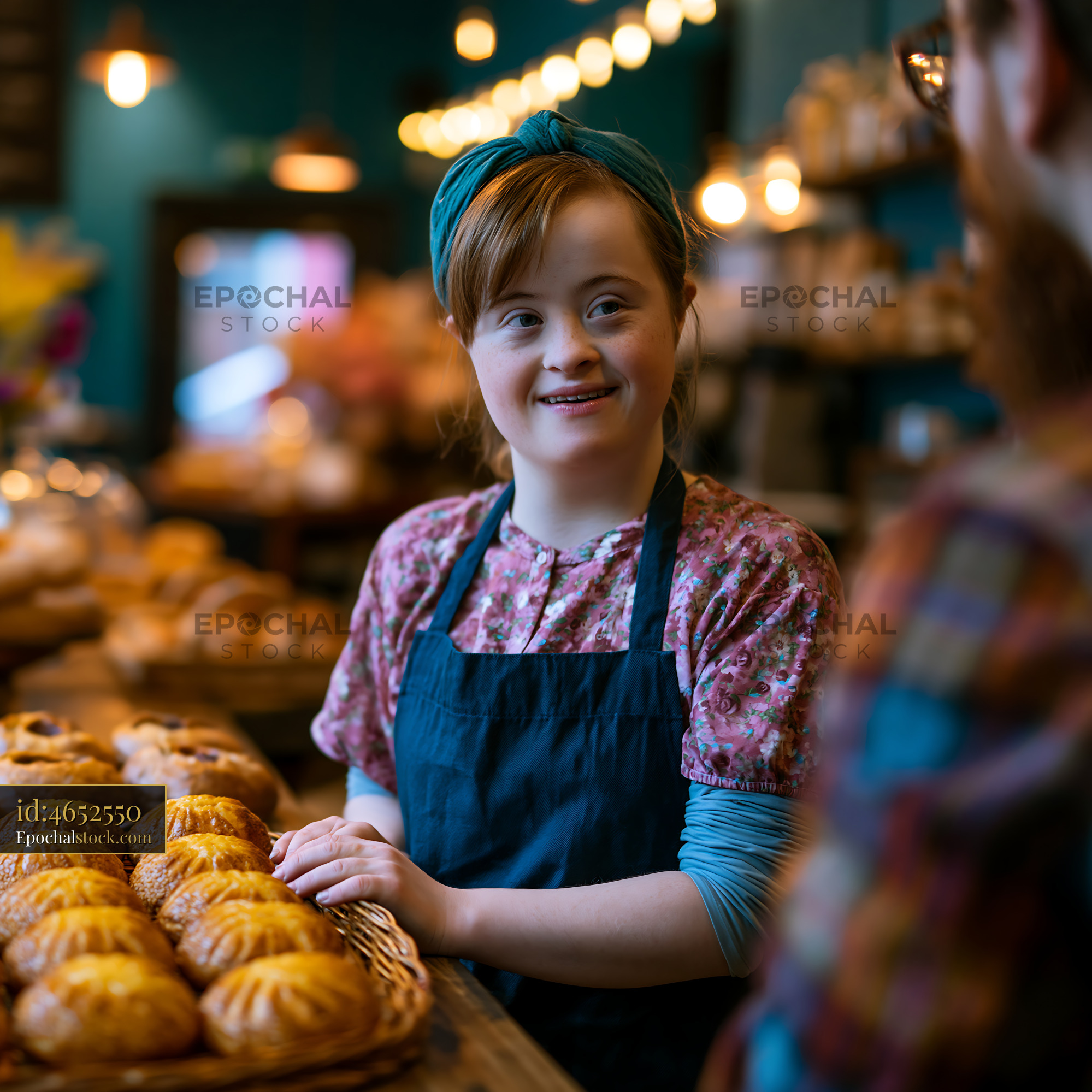 Watermarked full-resolution preview of Young woman serves pastries in a bakery with warm lighting