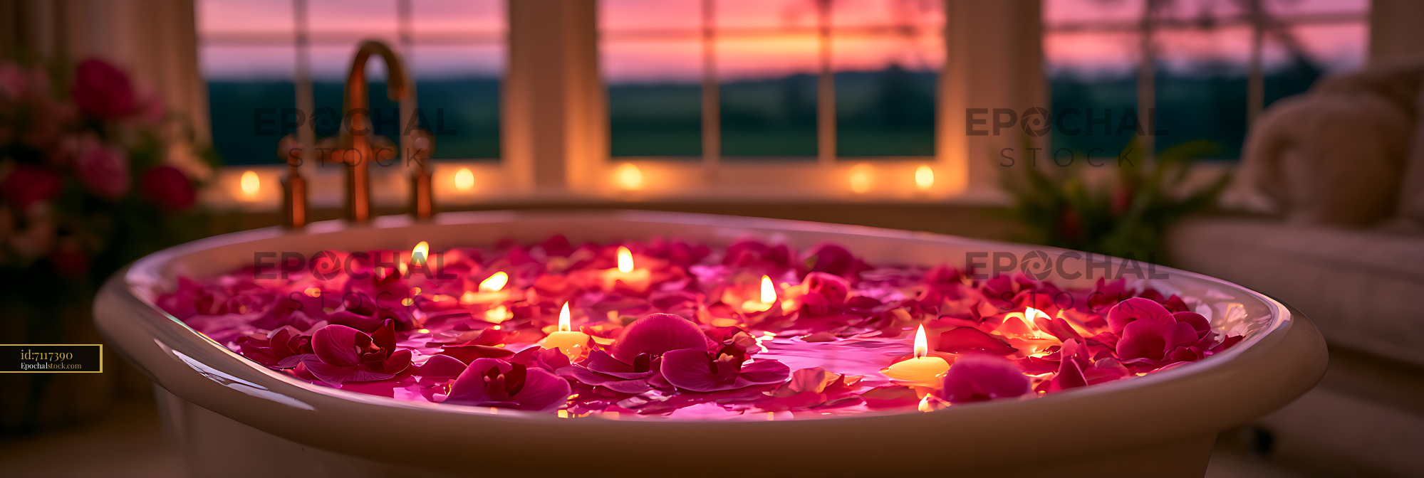 Watermarked full-resolution preview of Rose petals and candles in a warm sunset bath setting