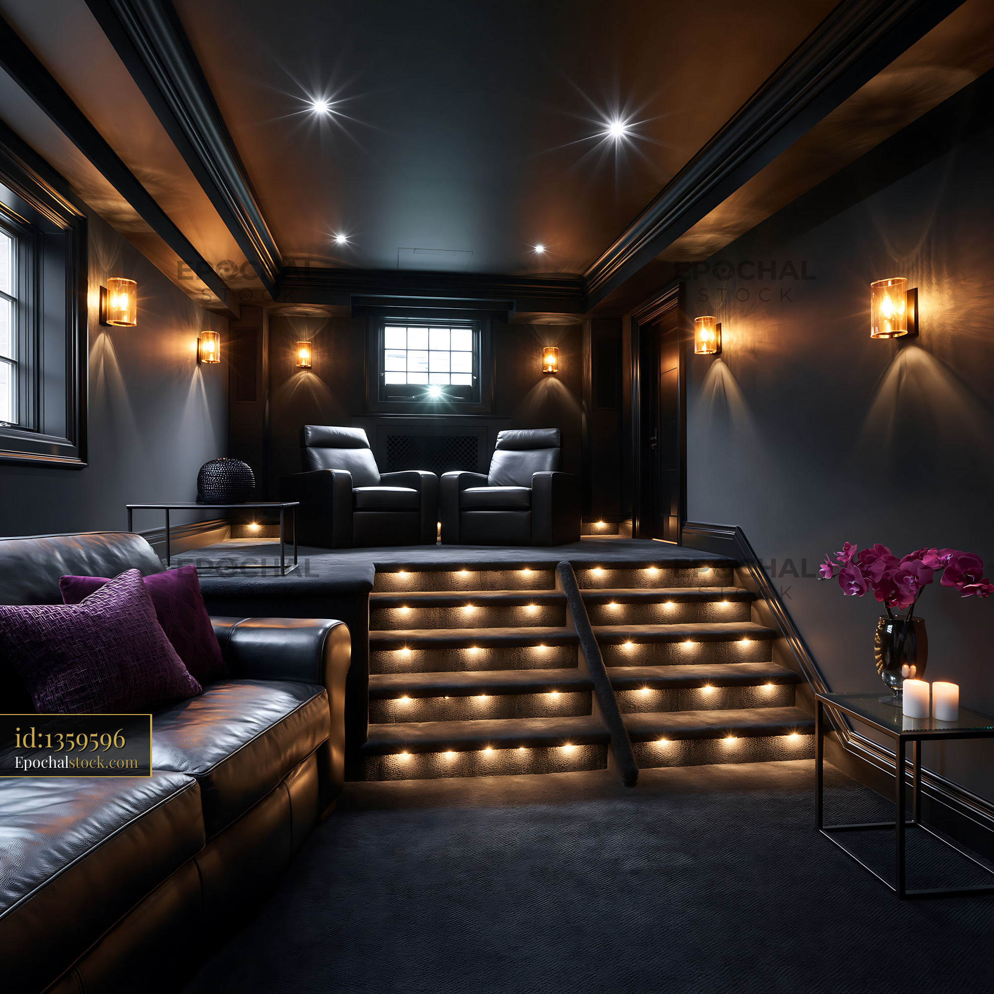 Watermarked full-resolution preview of Home theater room with recliners and dim lighting
