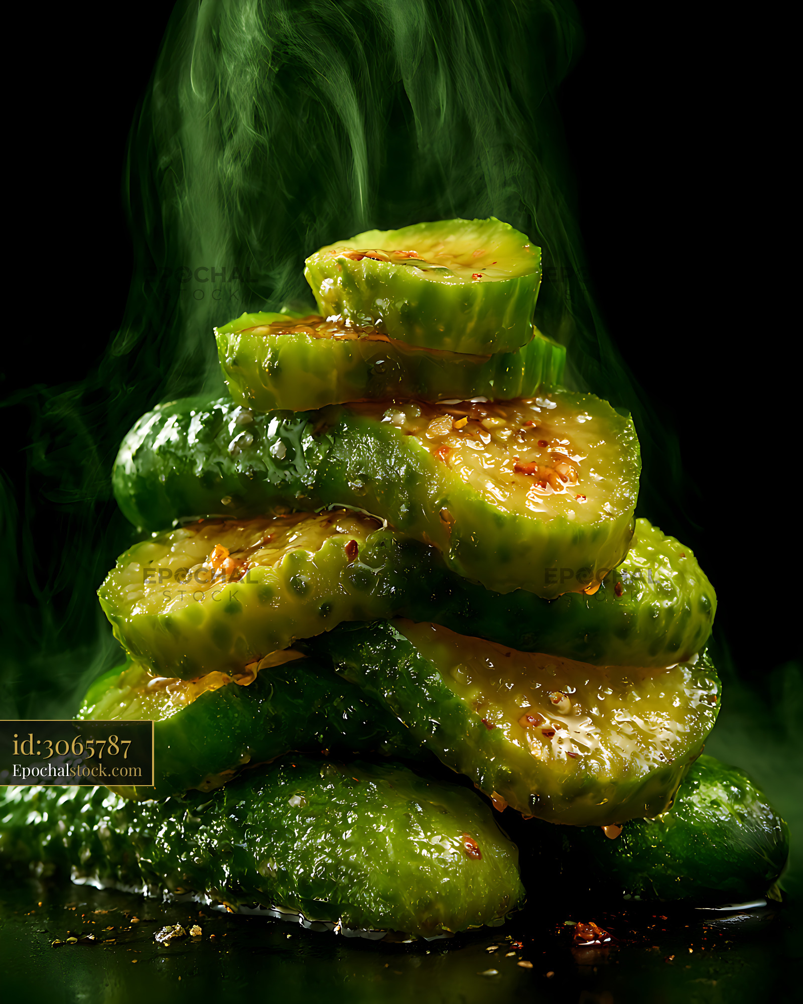 Watermarked full-resolution preview of Glossy sliced pickles stacked with seasoning