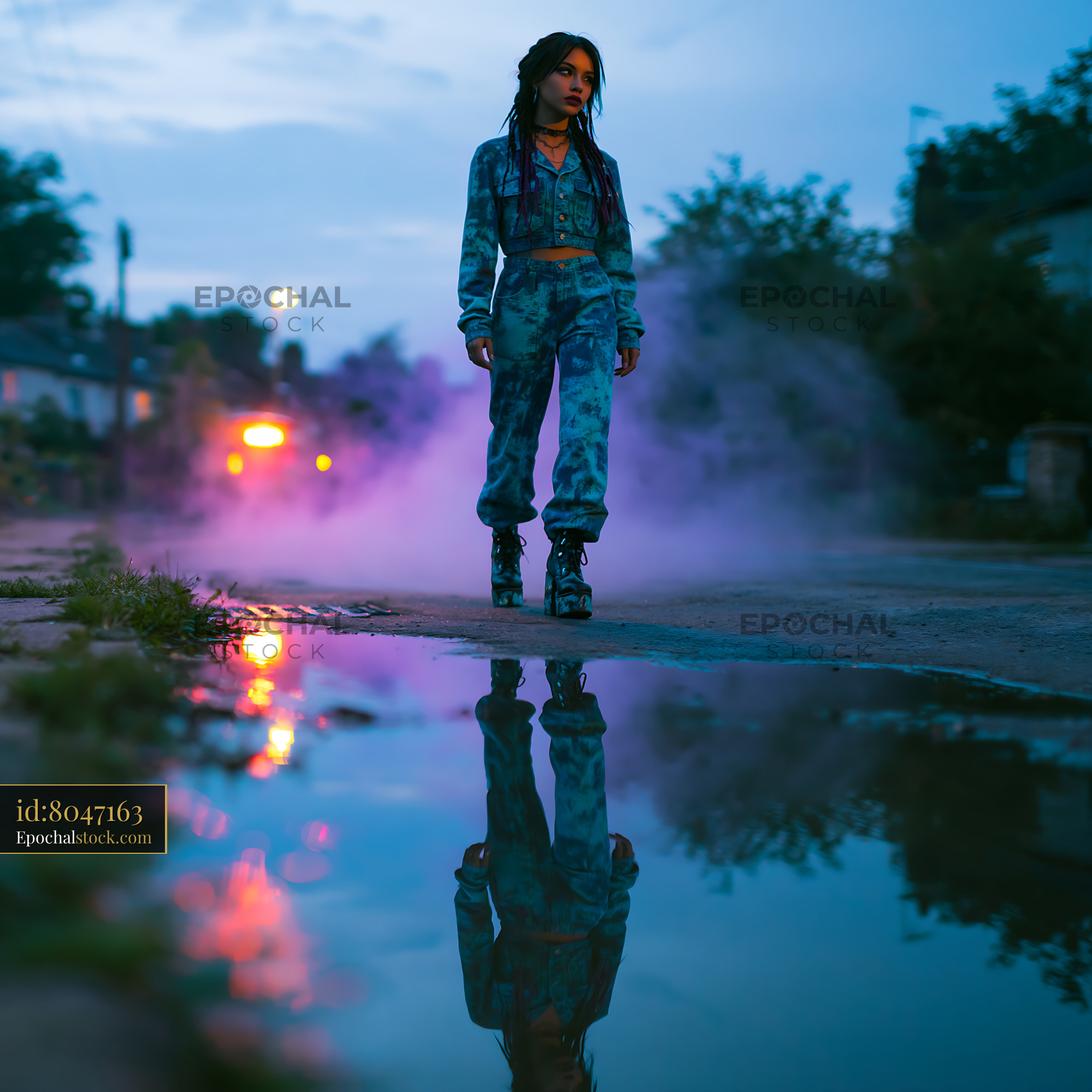 Watermarked full-resolution preview of Young person walking in urban street at dusk with reflections