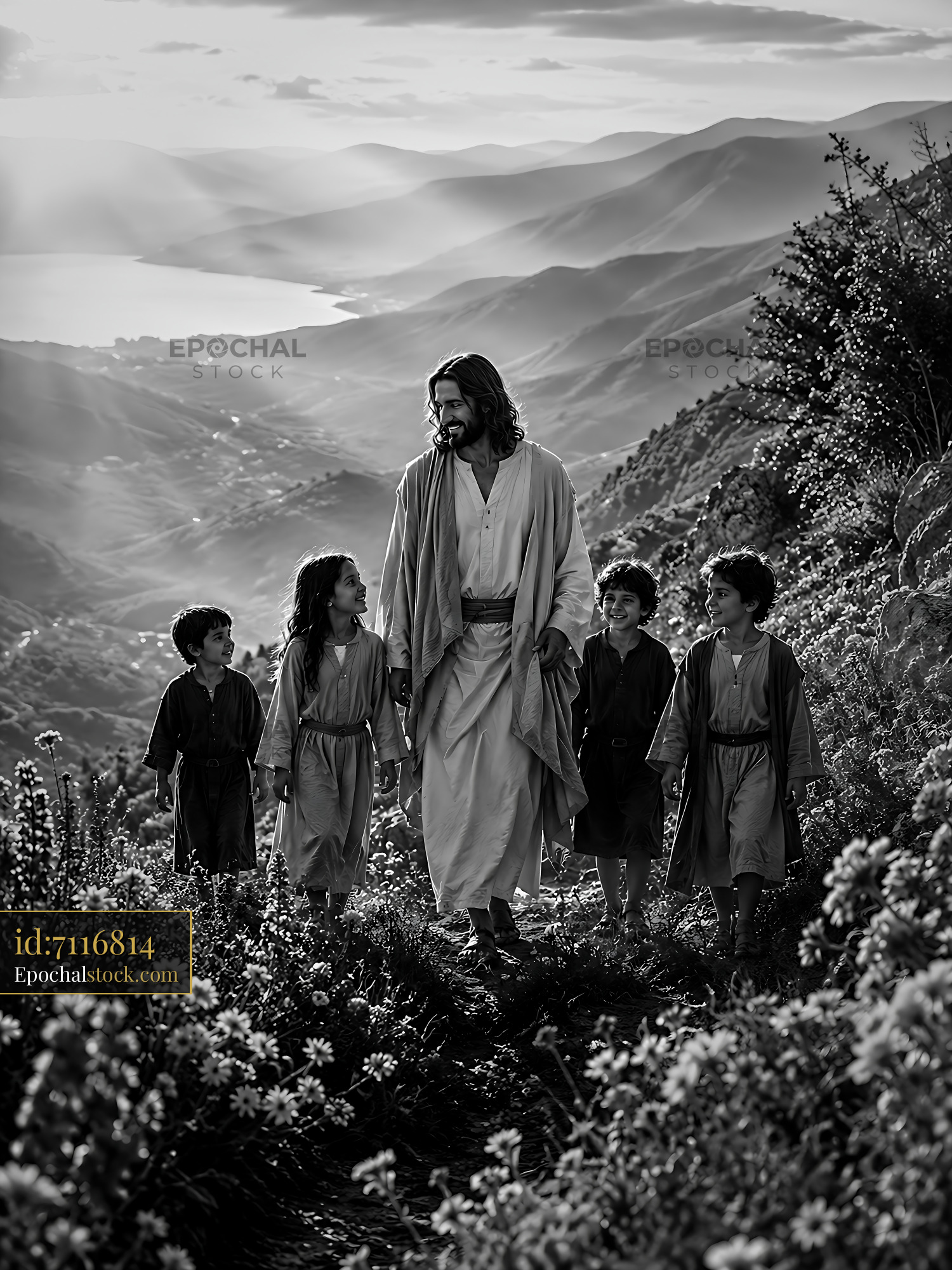 Watermarked full-resolution preview of Jesus walking with children on a mountain path
