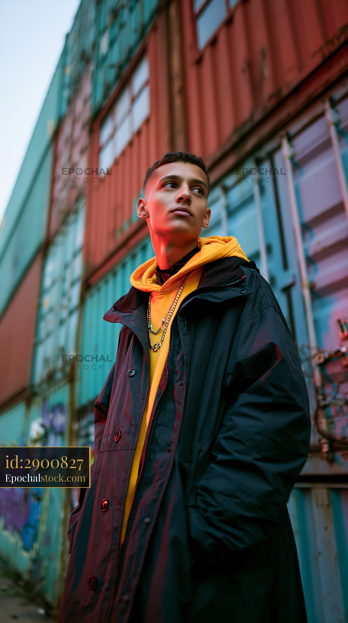 Watermarked full-resolution preview of Young man stands near shipping containers in urban area
