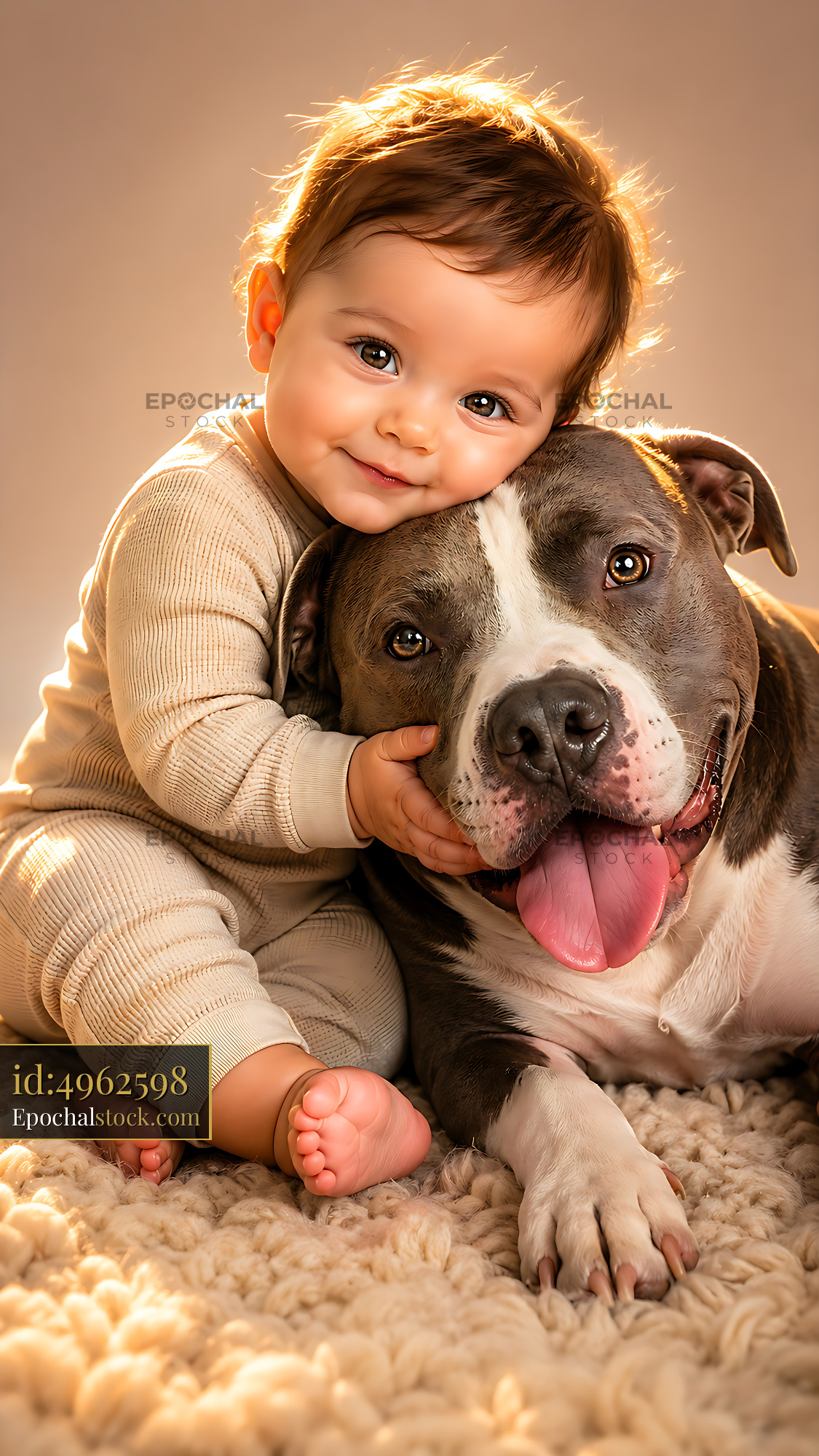 Watermarked full-resolution preview of Baby and dog share a moment of joy on a soft rug