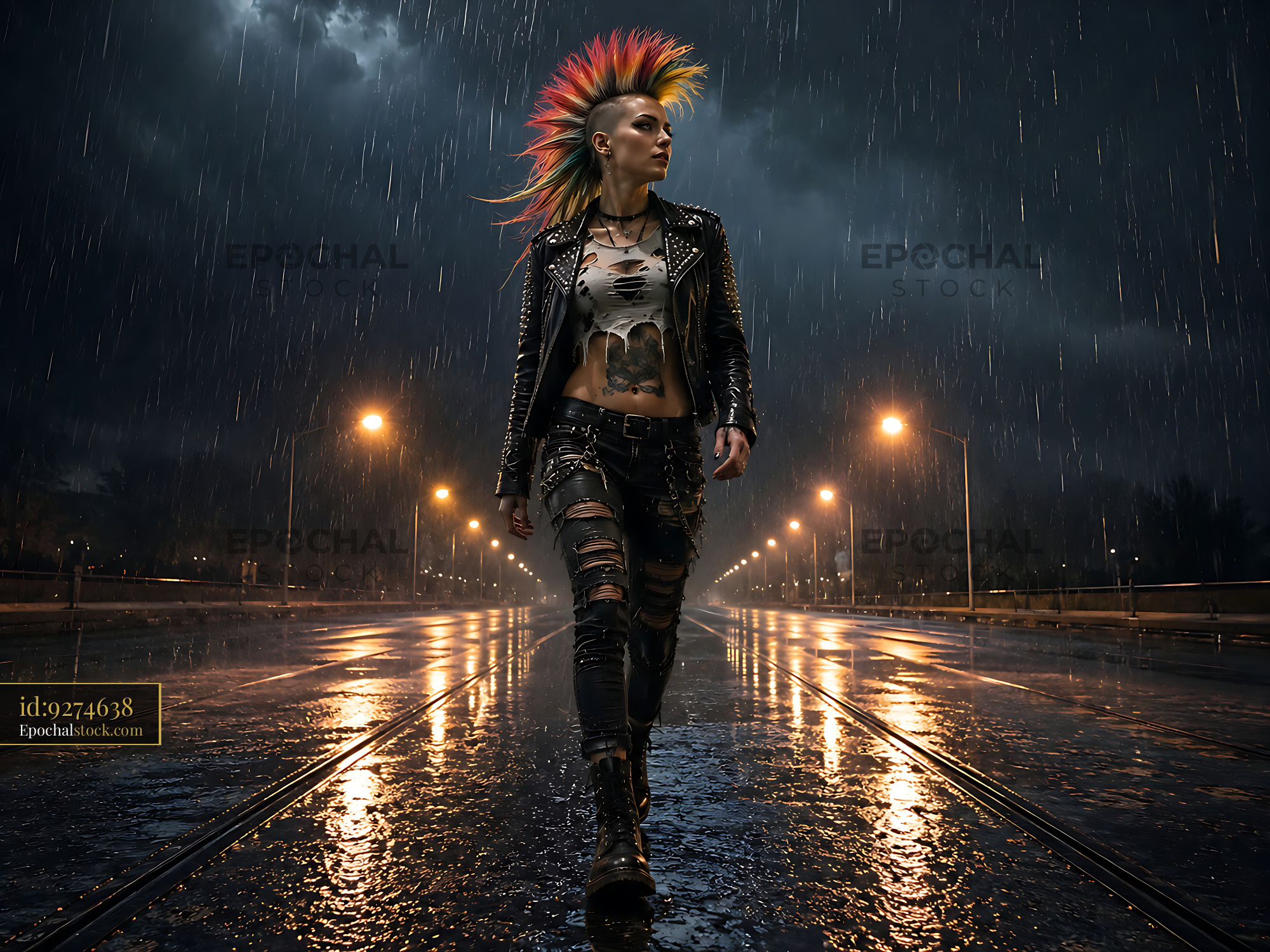 Watermarked full-resolution preview of Woman with mohawk hairstyle walking in the rain at night