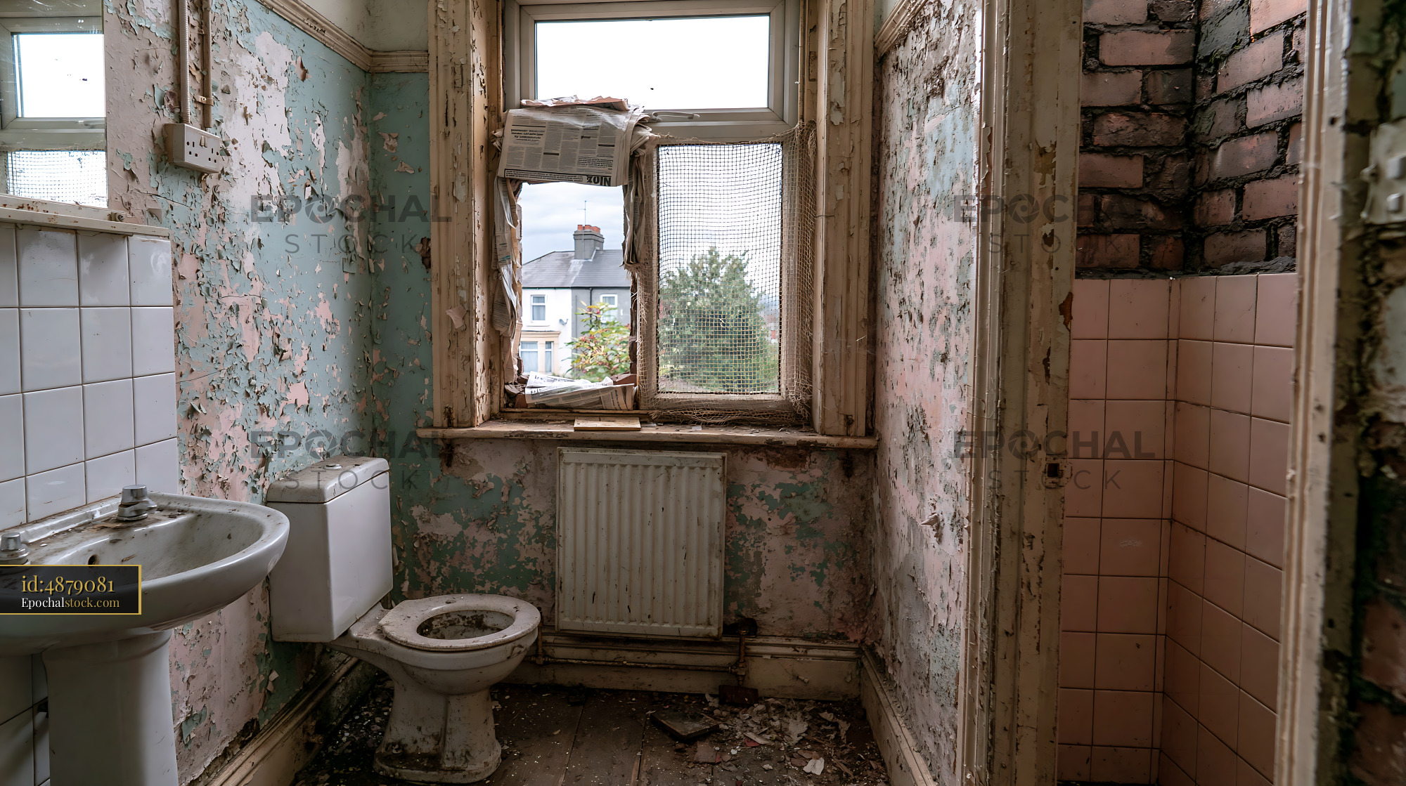 Watermarked full-resolution preview of Old abandoned bathroom with peeling walls and broken fixtures