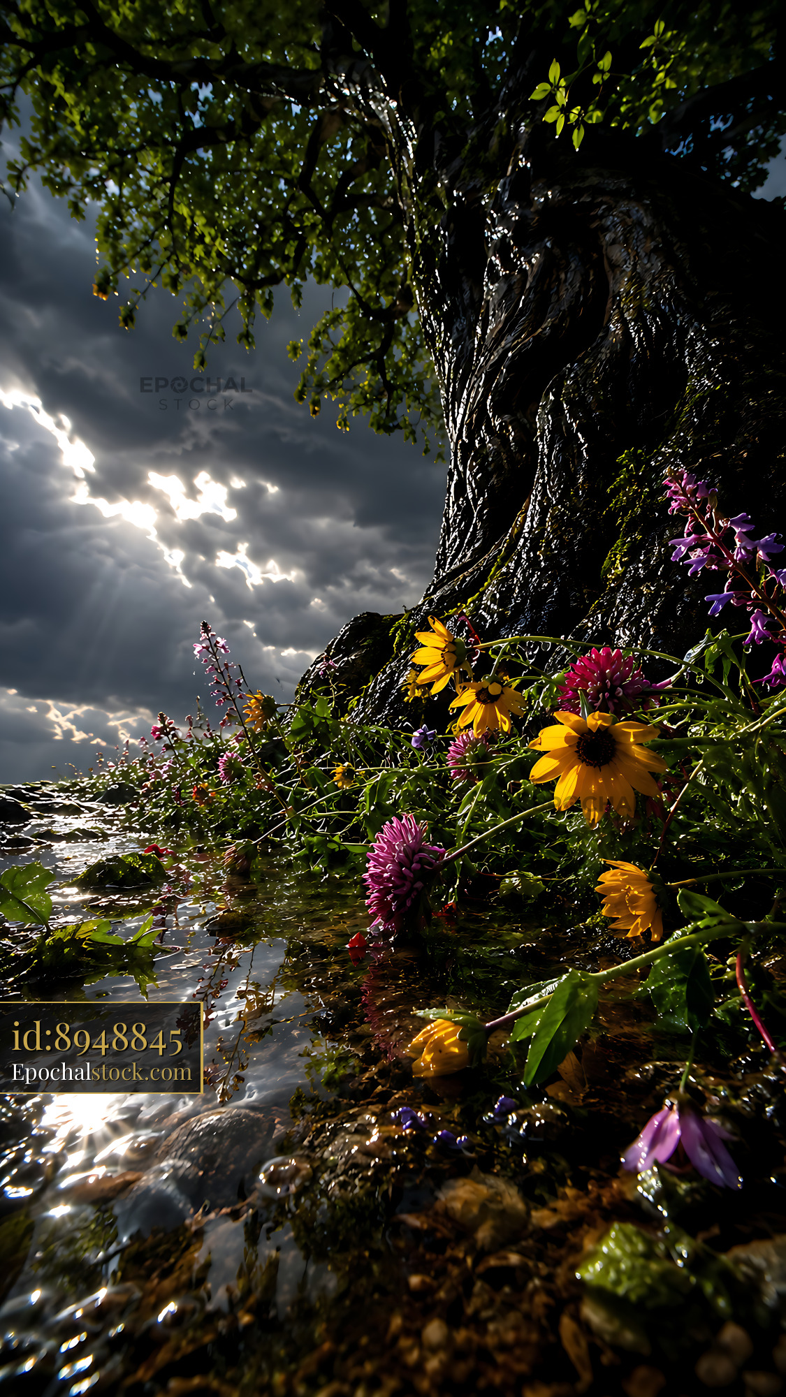 Flowers Grow Near a Tree Trunk by the Water Under Dark Clouds - stock photo