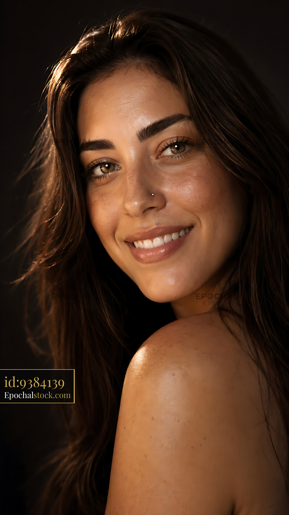 Young Woman Smiles Softly in Warm Light With Flowing Hair — stock example for Seedream 4.5 solution examples