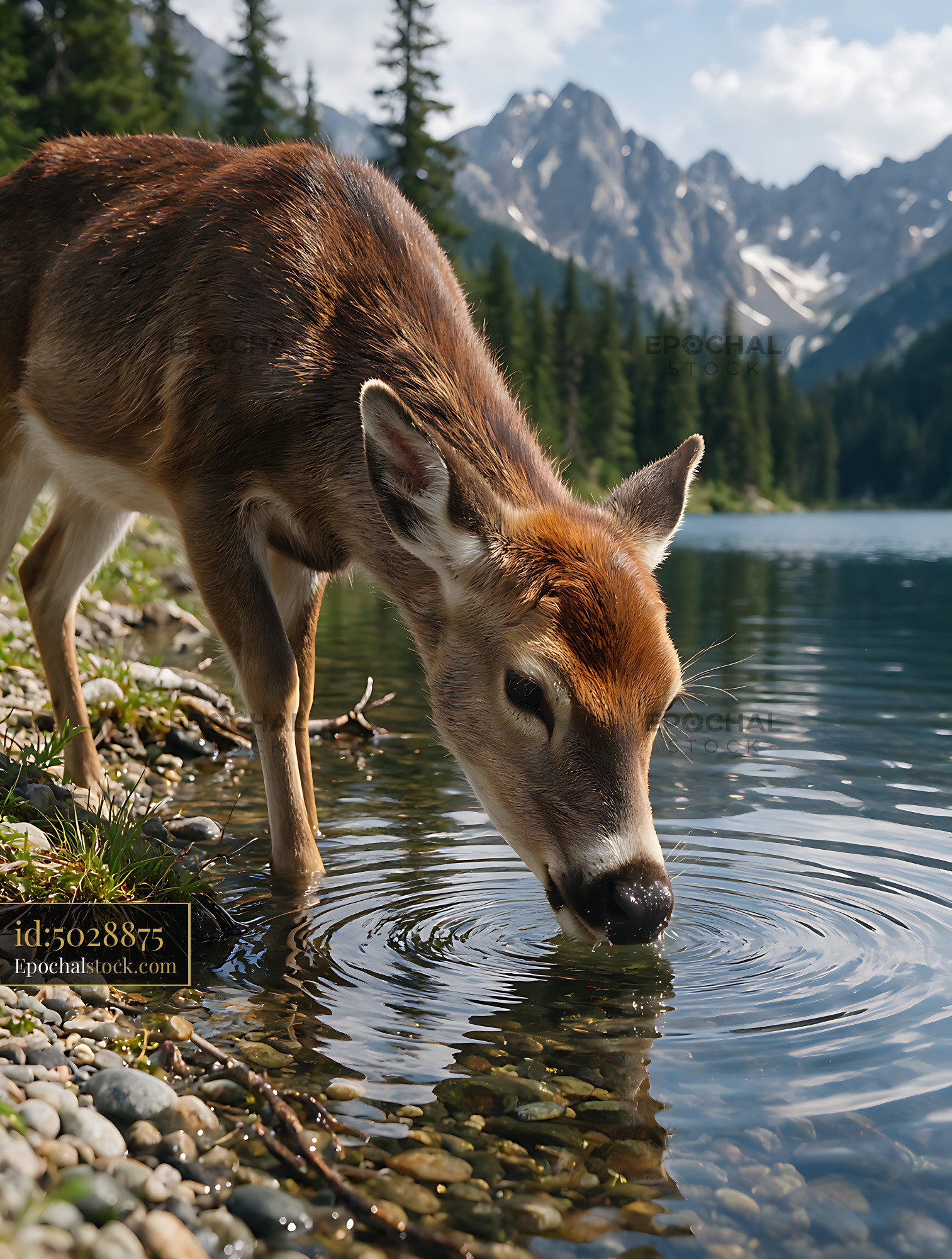 Watermarked full-resolution preview of Deer drinking at a mountain lake