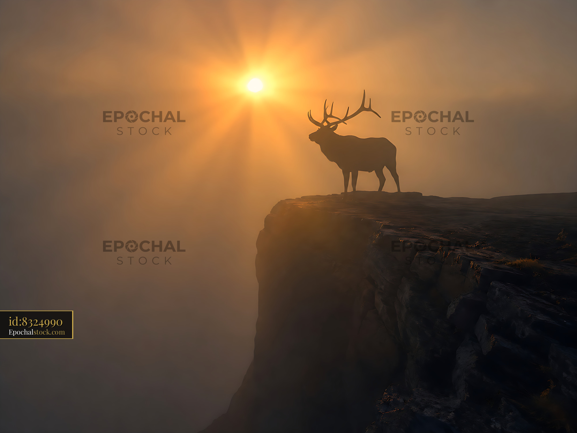 Watermarked full-resolution preview of Stag standing on a cliff against a bright sunset
