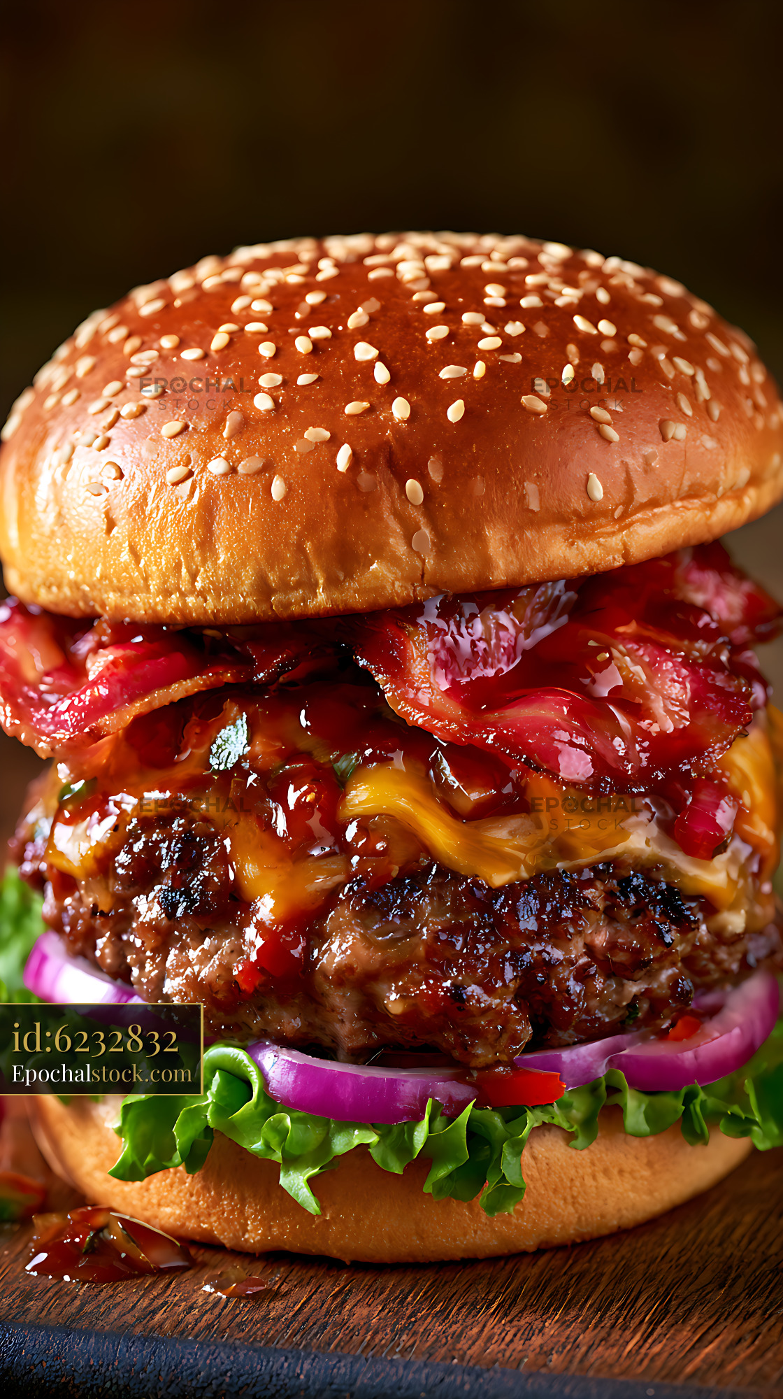 Watermarked full-resolution preview of Gourmet cheeseburger layered with colorful fresh ingredients