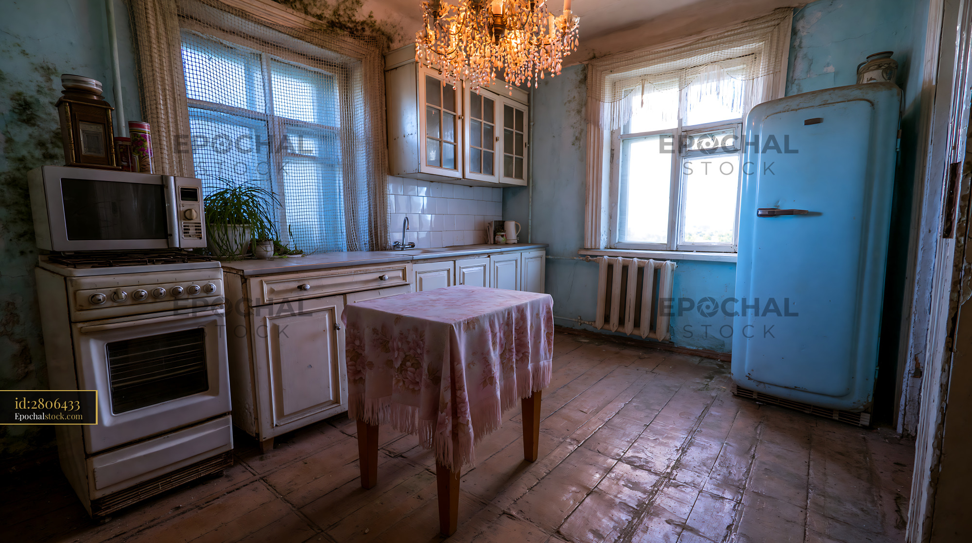 Watermarked full-resolution preview of Old kitchen with blue walls and vintage appliances