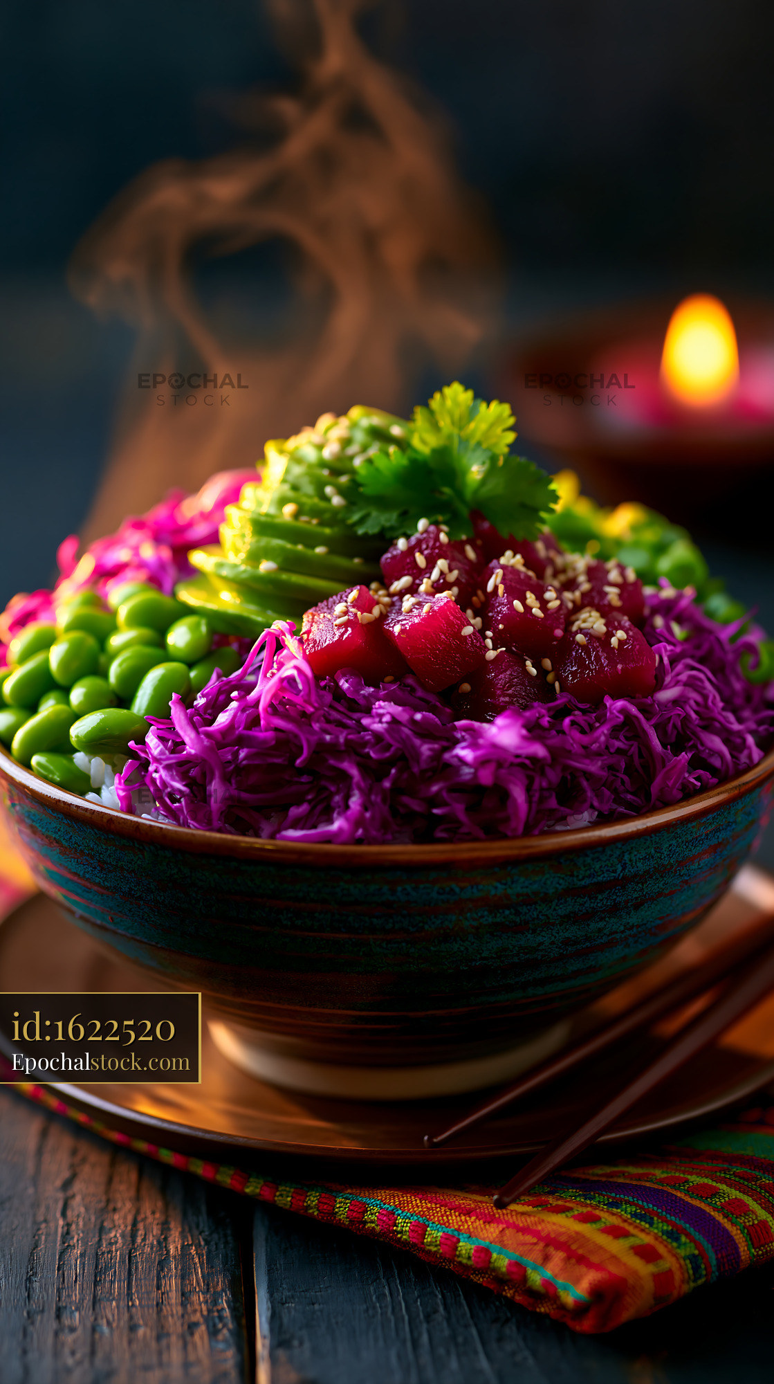 Watermarked full-resolution preview of Colorful salad bowl with fresh ingredients and steam rising
