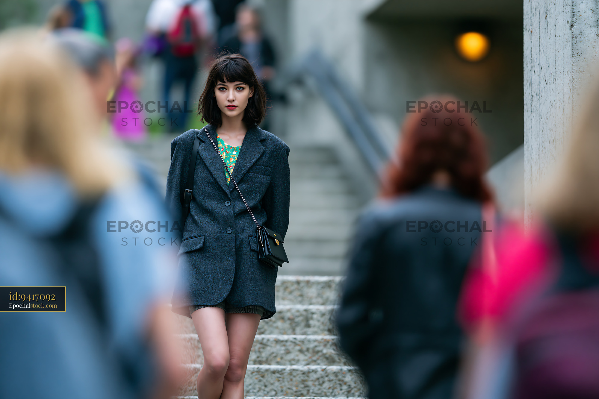 Watermarked full-resolution preview of Young woman stands on stairs in urban setting surrounded by people