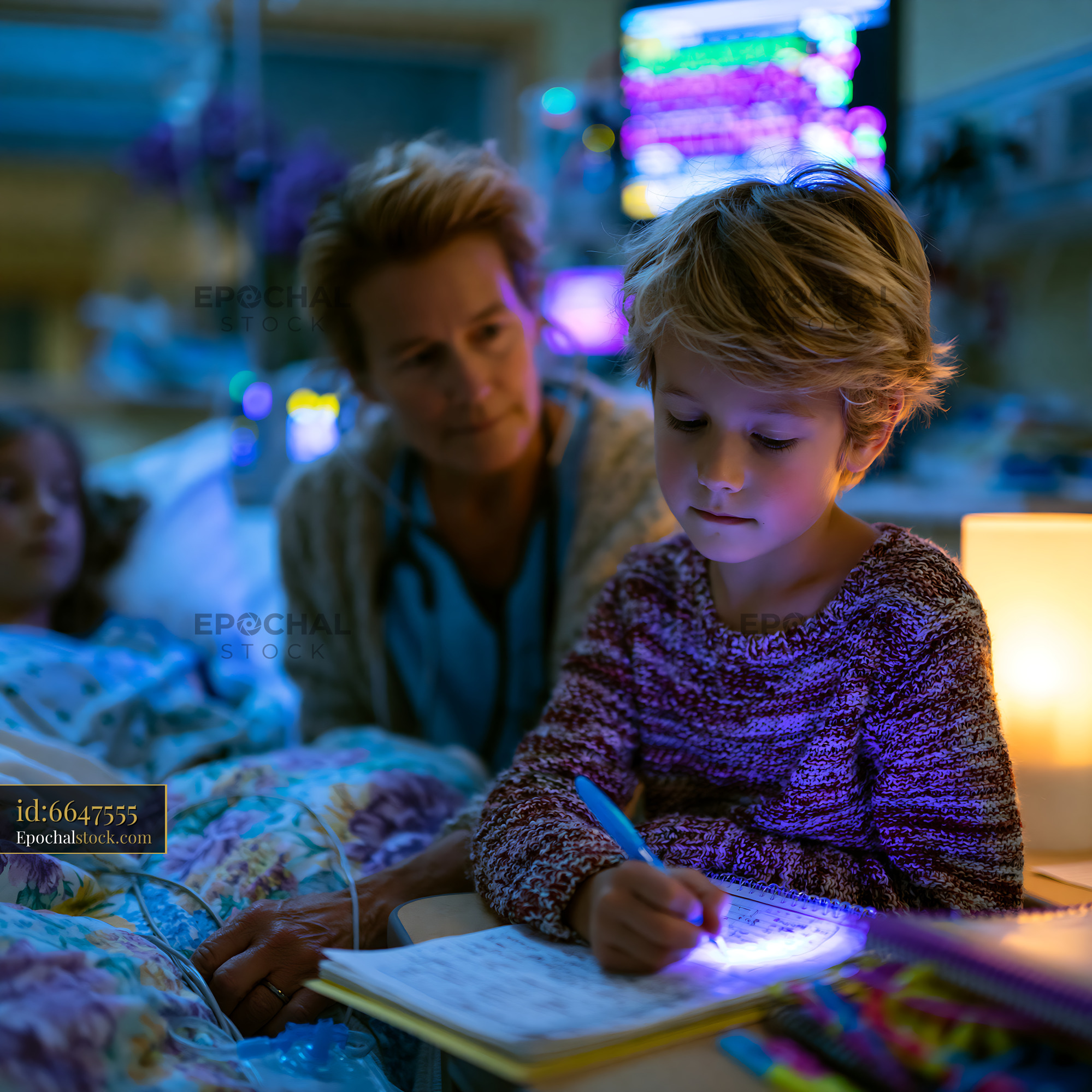Watermarked full-resolution preview of Child writing in a hospital room with a family member nearby