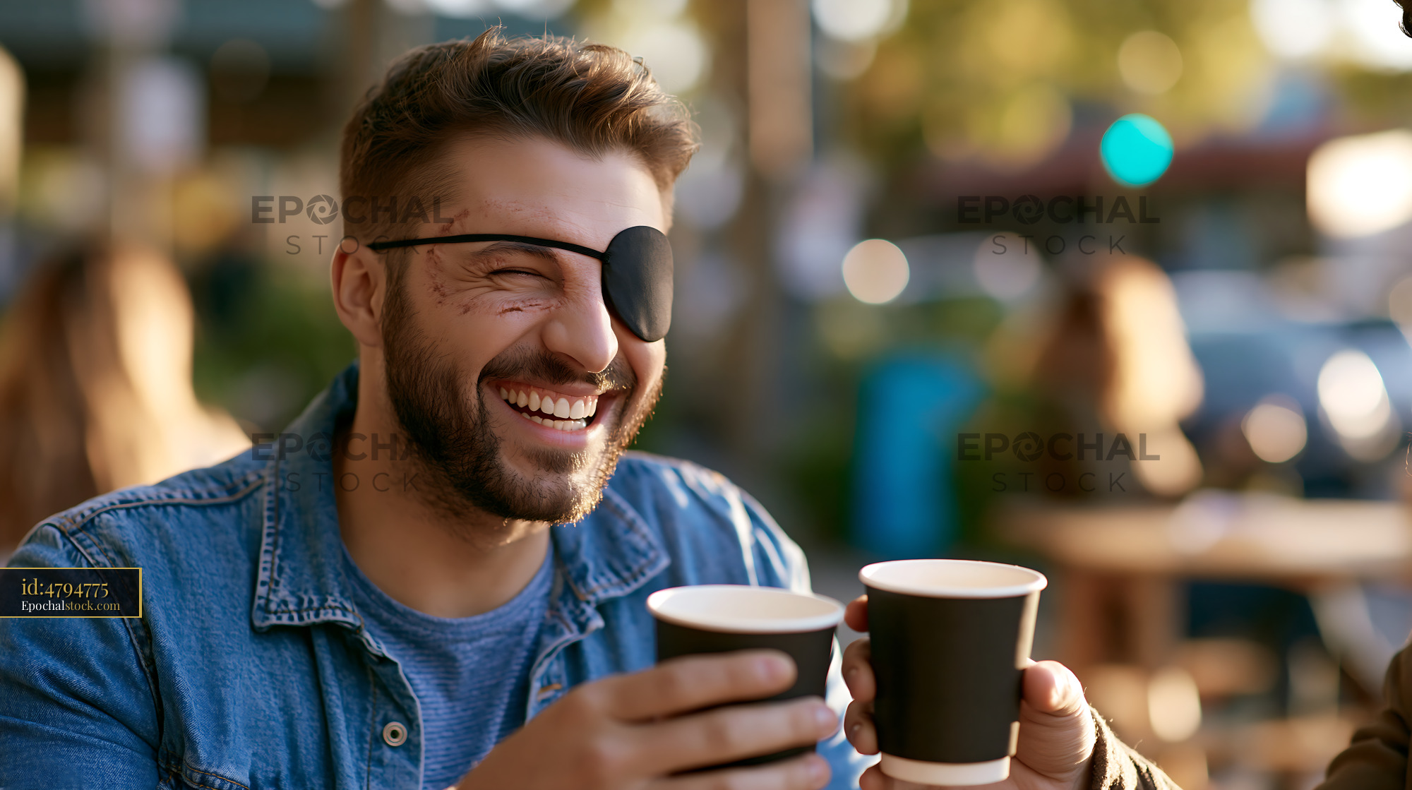 Watermarked full-resolution preview of Man with eye patch enjoying coffee outdoors