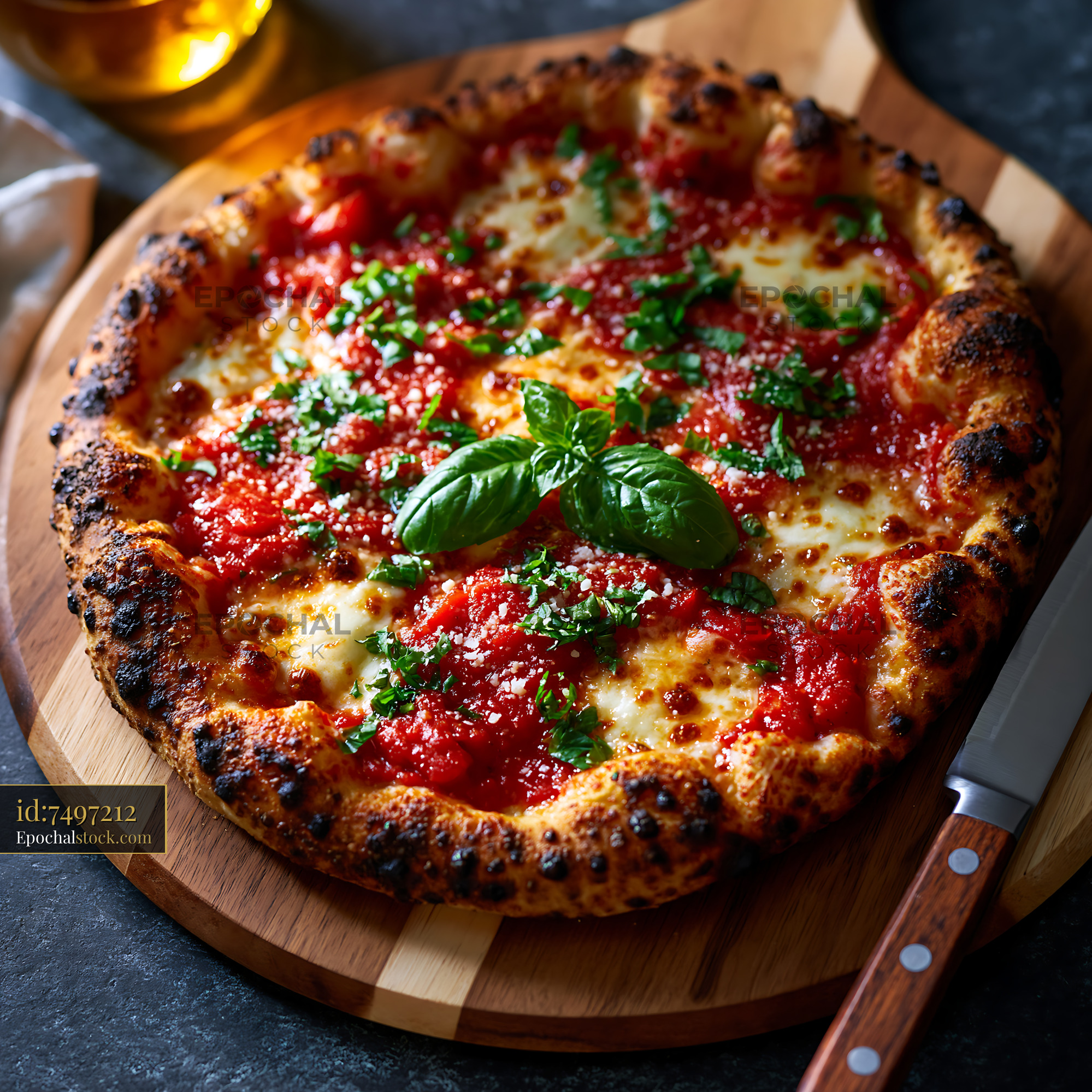 Watermarked full-resolution preview of Freshly baked pizza on a wooden cutting board