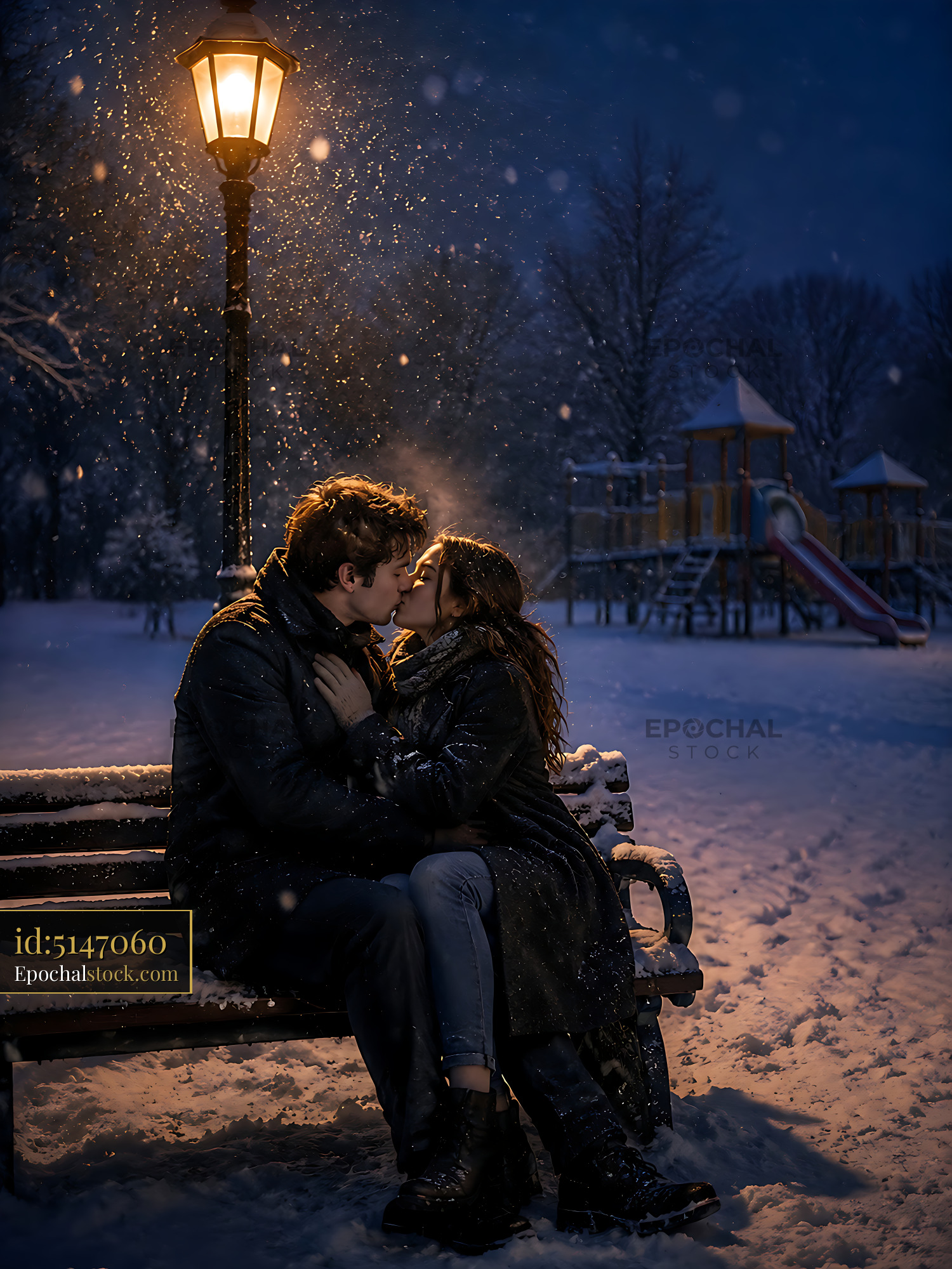 Watermarked full-resolution preview of Couple kissing on a bench in a snowy park at night