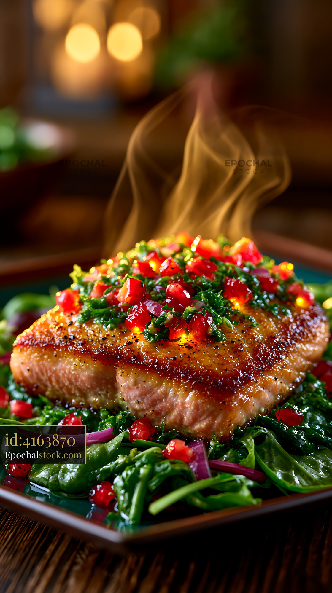 Watermarked full-resolution preview of Grilled salmon with fresh vegetables and spices on a plate