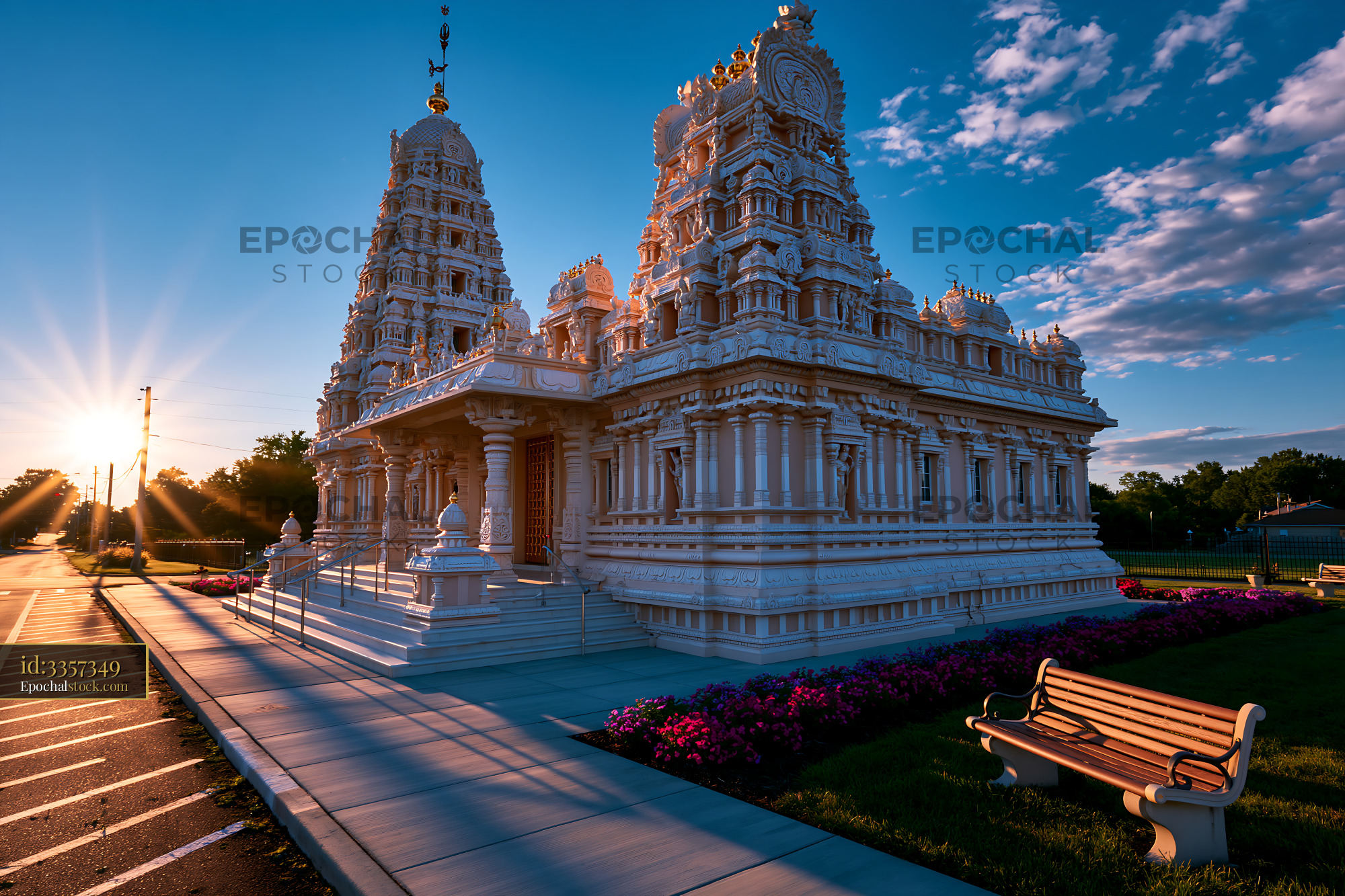 Watermarked full-resolution preview of Beautiful temple with intricate architecture at sunset