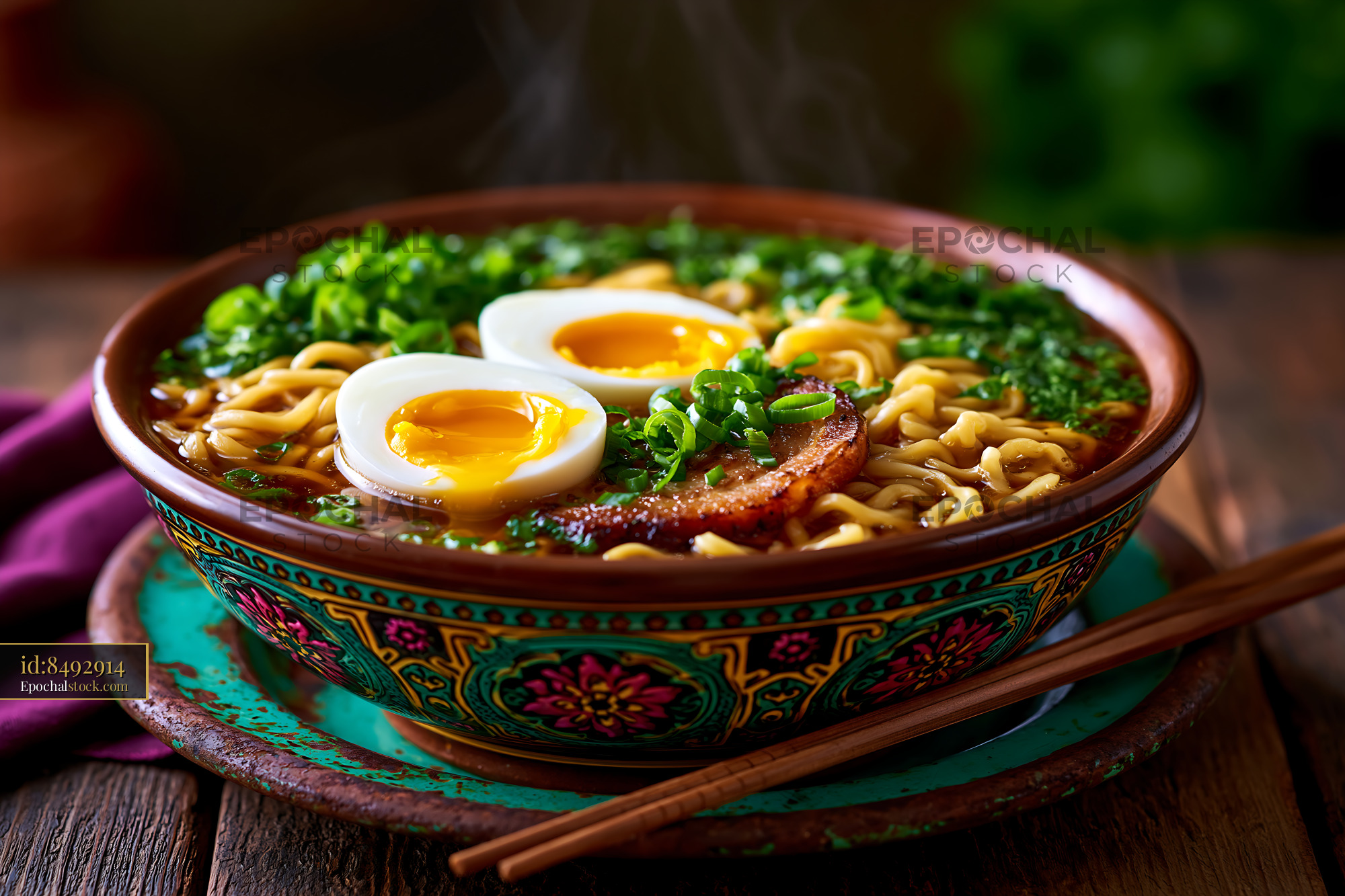 Watermarked full-resolution preview of Delicious ramen bowl with soft boiled eggs and green herbs