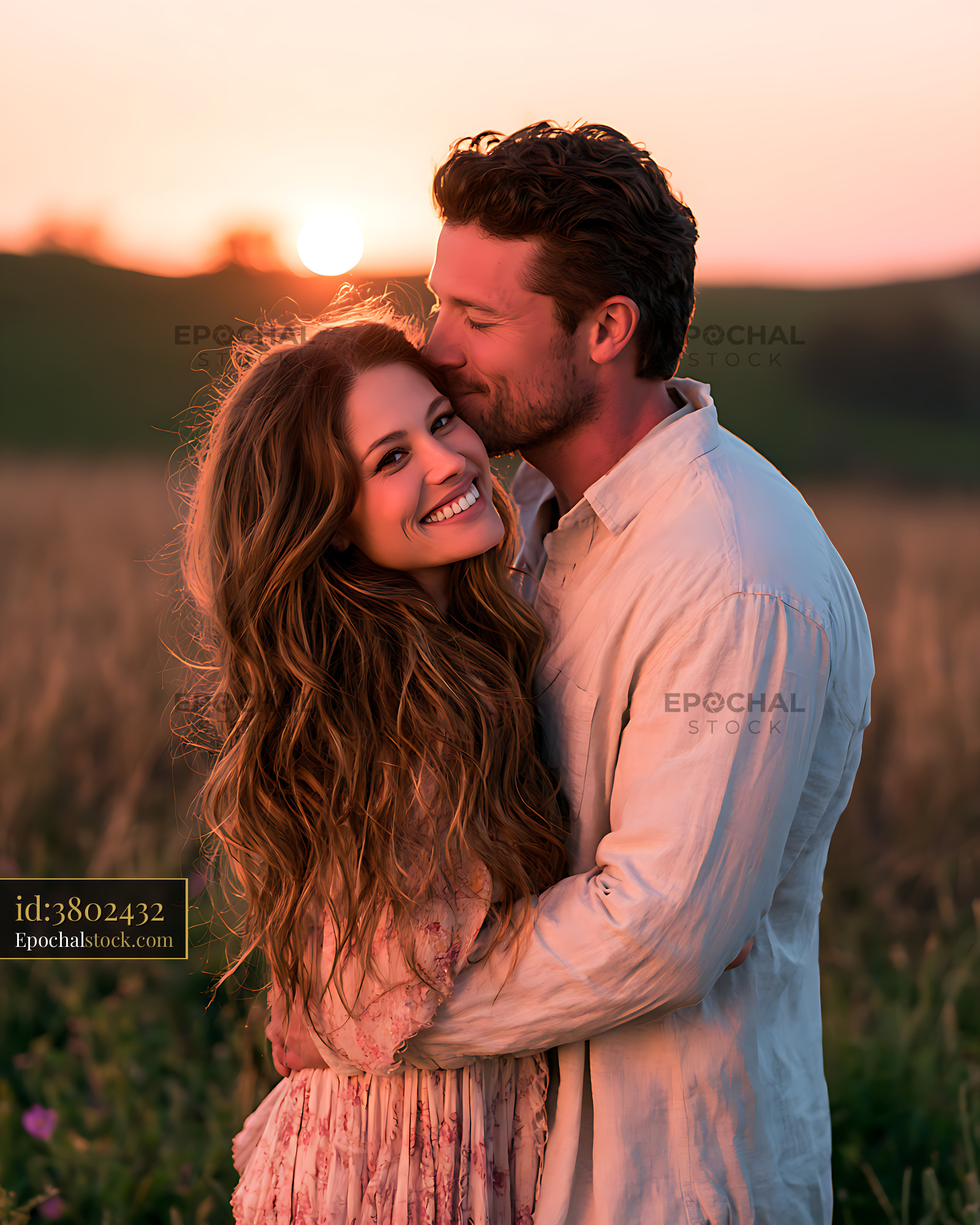 Watermarked full-resolution preview of Romantic couple sharing an embrace during sunset