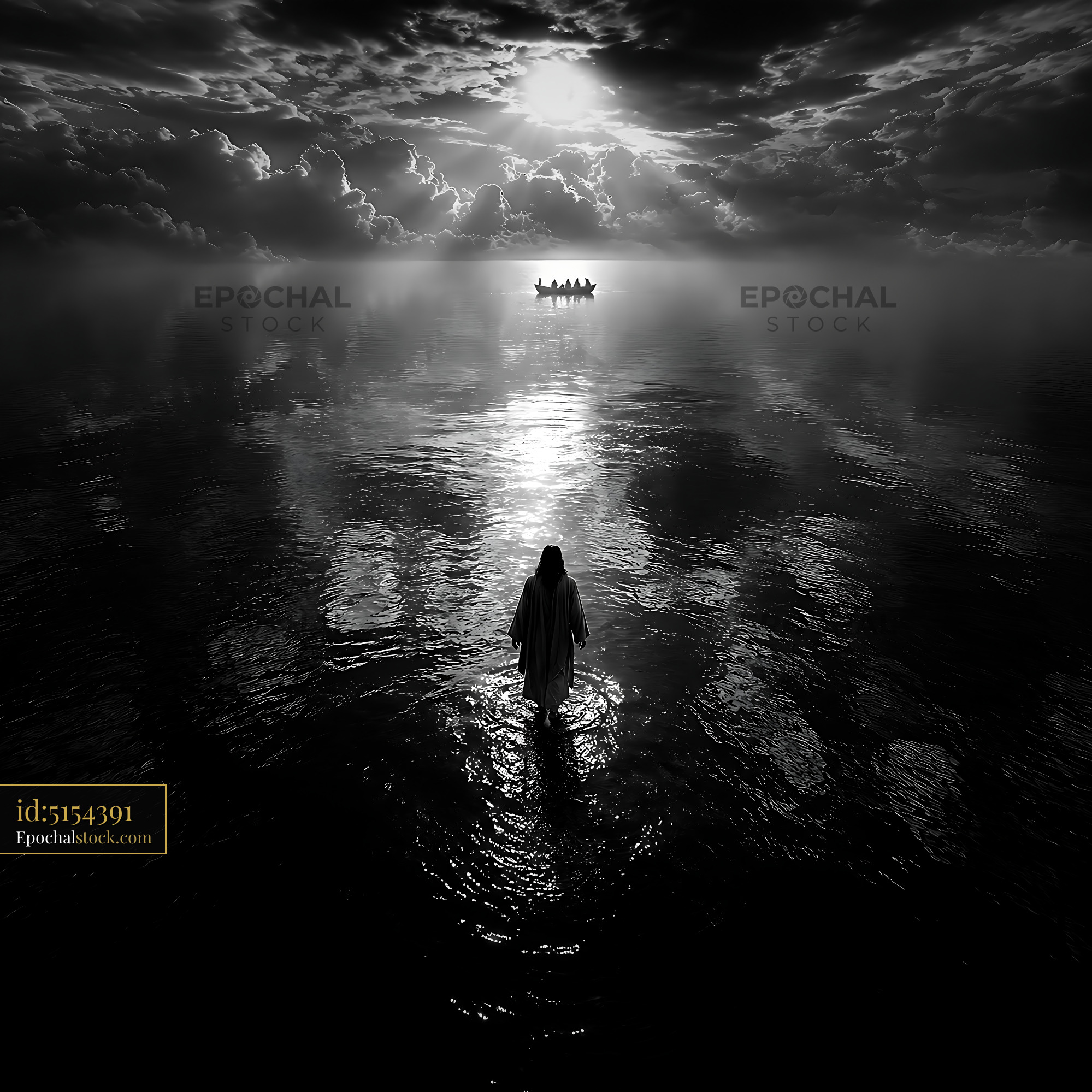 Person Walking in Water With Boat in Background at Sunrise - stock photo