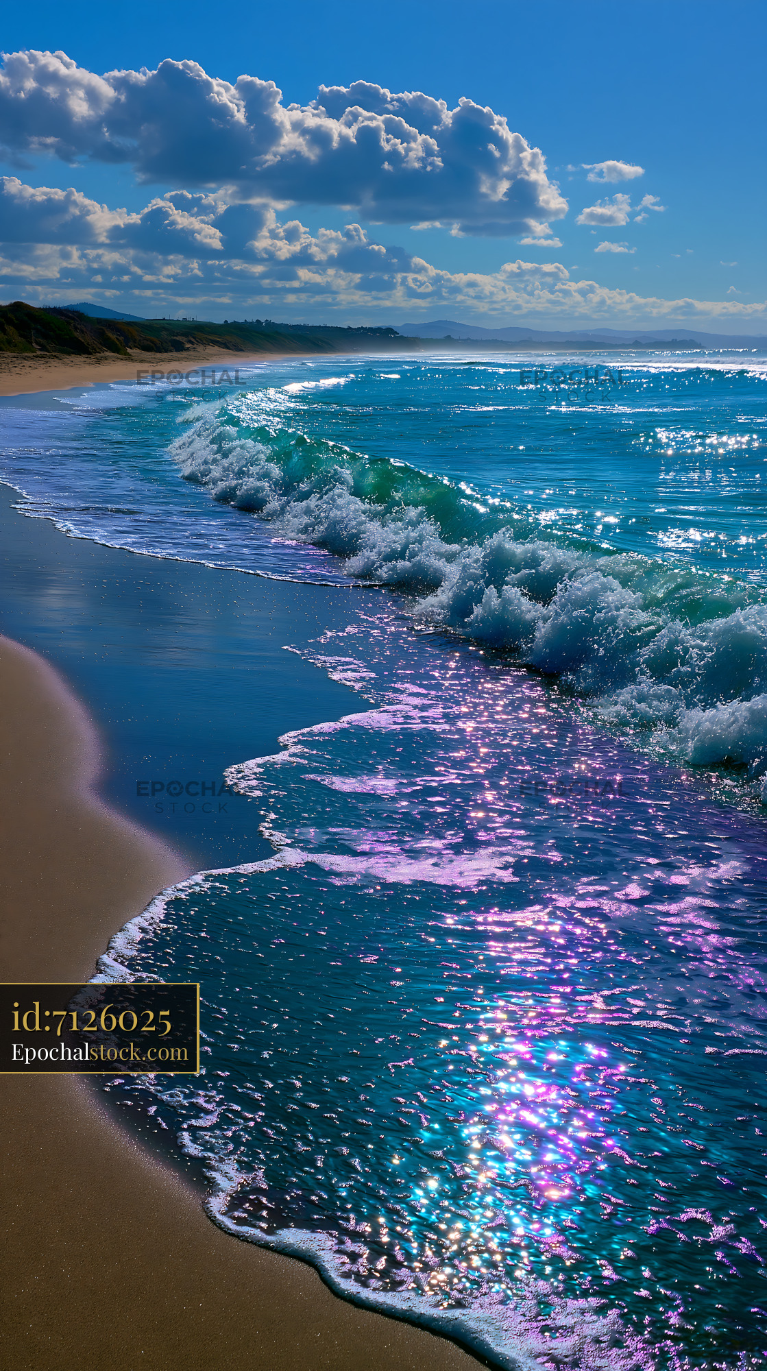 Watermarked full-resolution preview of Waves crashing on a sandy beach in bright daylight
