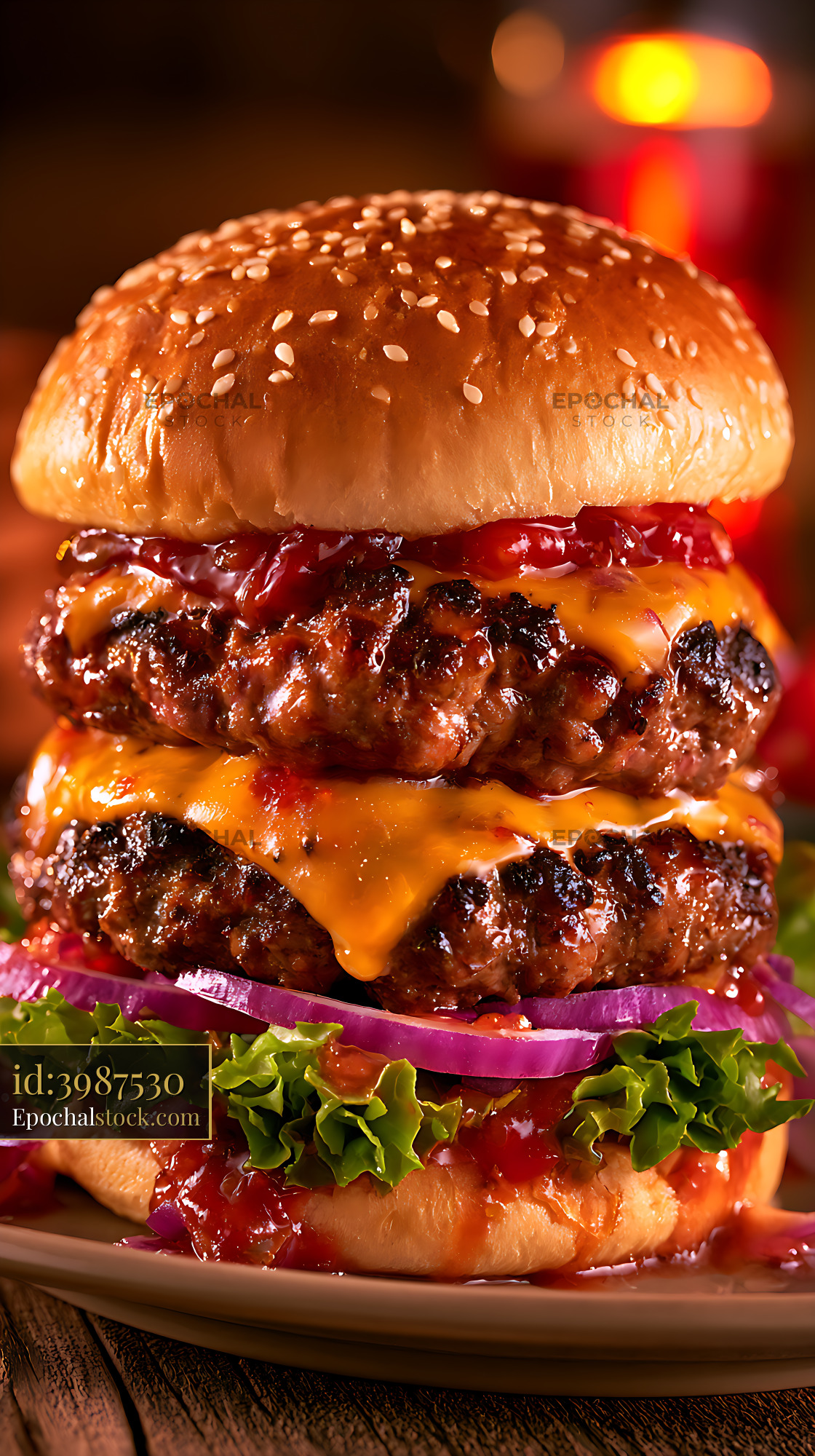 Watermarked full-resolution preview of Close-up double cheeseburger with colorful toppings