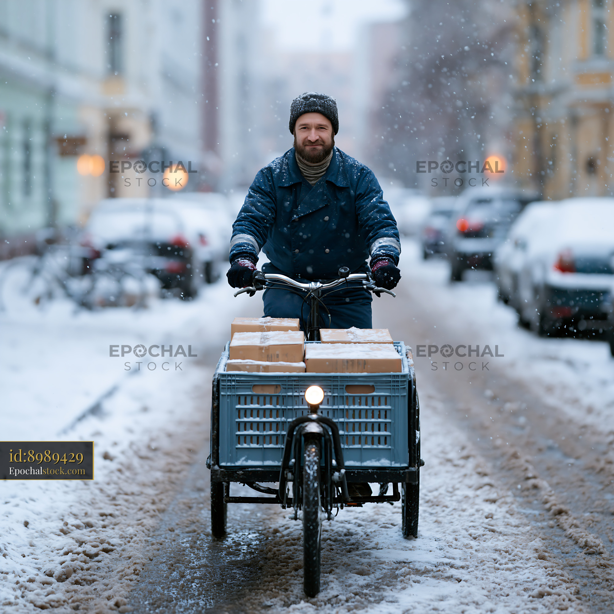 Watermarked full-resolution preview of Delivery person riding a cargo bike in snowy city street