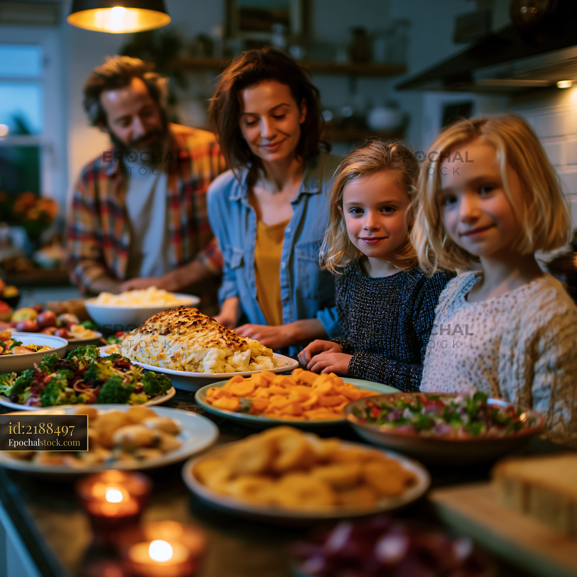 Watermarked full-resolution preview of Family gathered around a table with various dishes in a kitchen