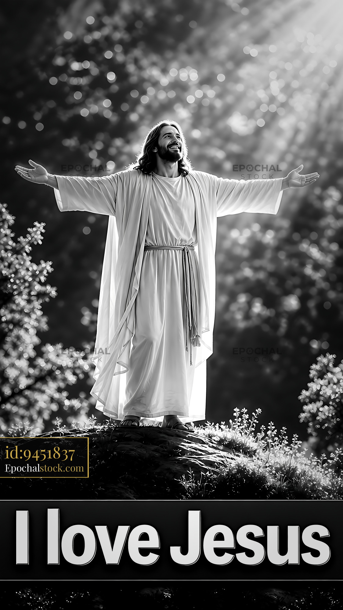 Watermarked full-resolution preview of Jesus standing with arms open in forest setting