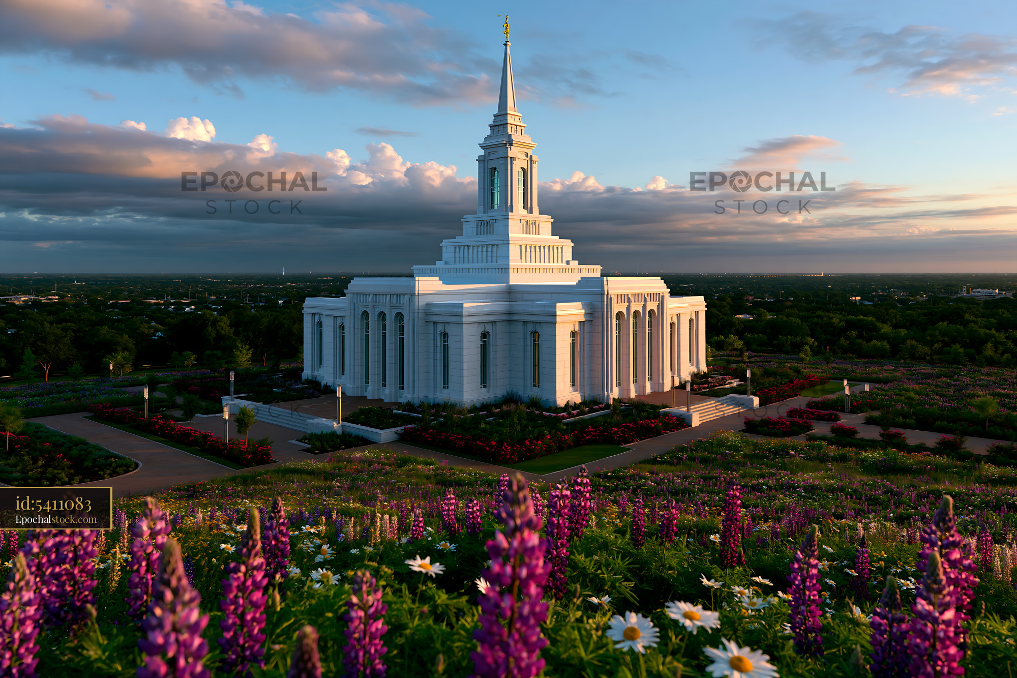 Watermarked full-resolution preview of Flowers in bloom near a temple at sunset
