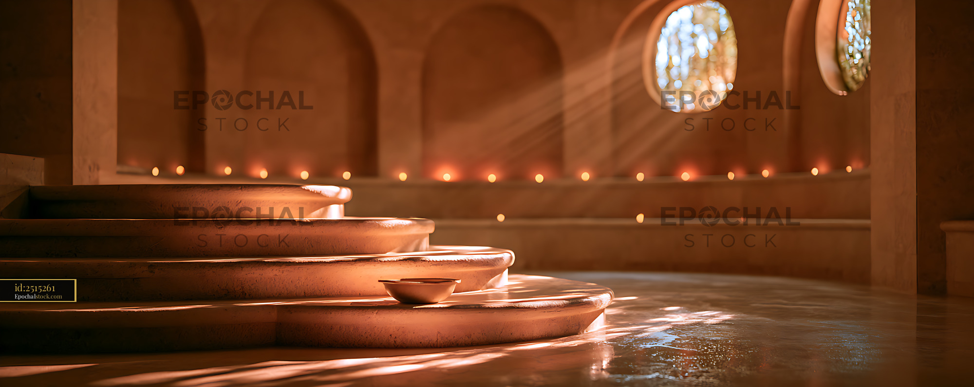 Watermarked full-resolution preview of Serene interior fountain illuminated by sunlight and candlelight