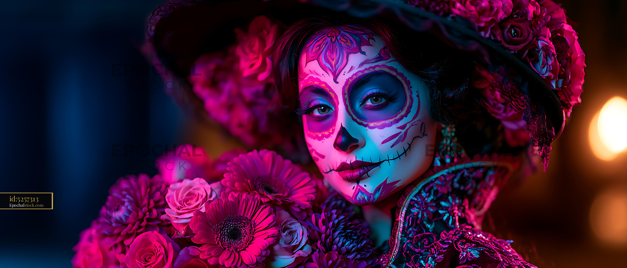 Watermarked full-resolution preview of Colorful floral portrait with decorative face paint